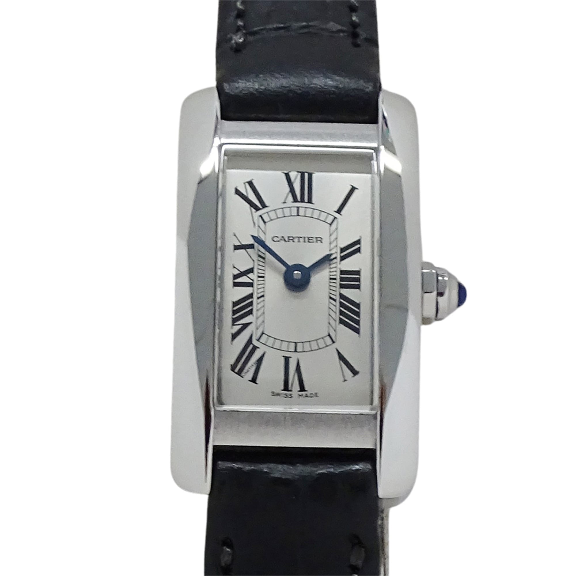 Cartier women's watch, Tank American Mini, quartz, stainless steel strap, leather square shape (WSTA0032).