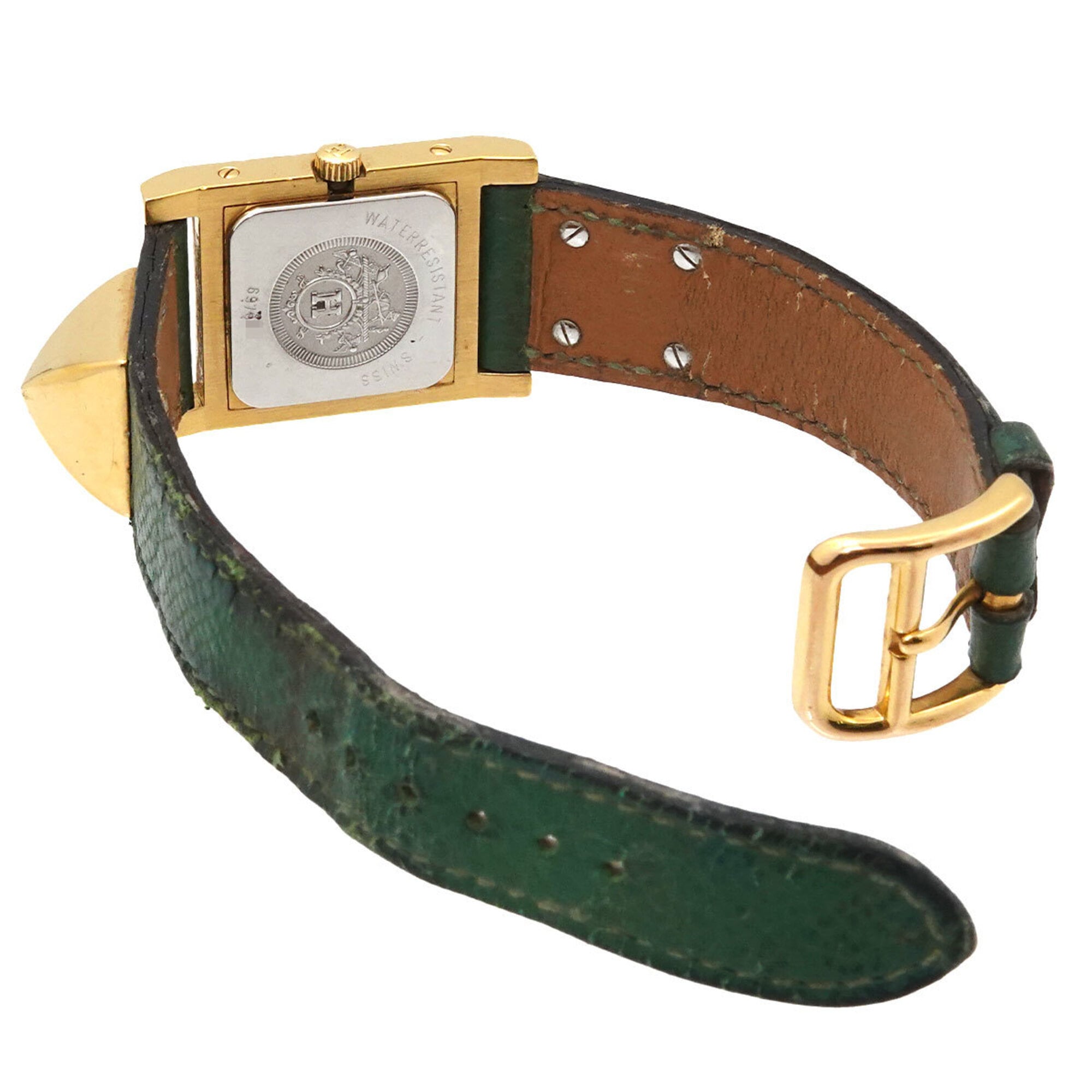 Hermes Medor Women's Watch, Pyramid Design, Gold Studs, White and Green Leather Strap, Quartz Movement.