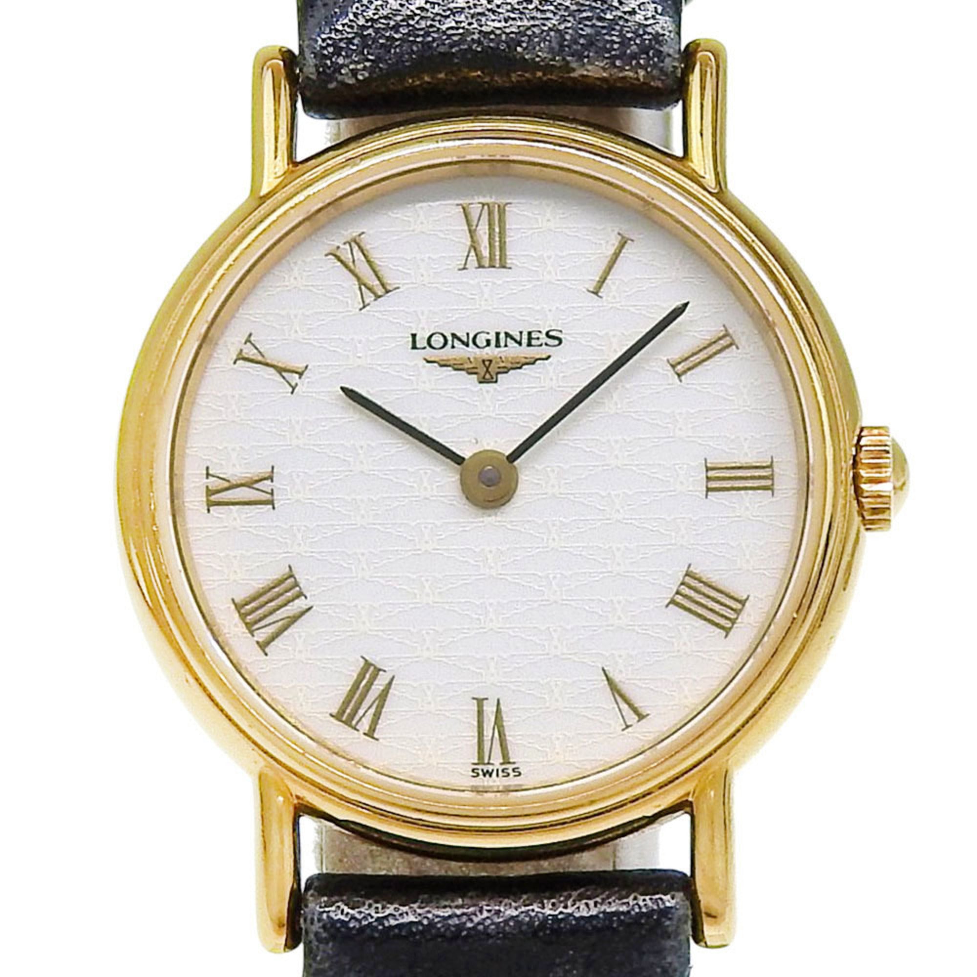 Longines L4 137 2 White Dial, Hands, GP Leather Strap, Quartz Movement, Approx. 24mm, Women's Watch