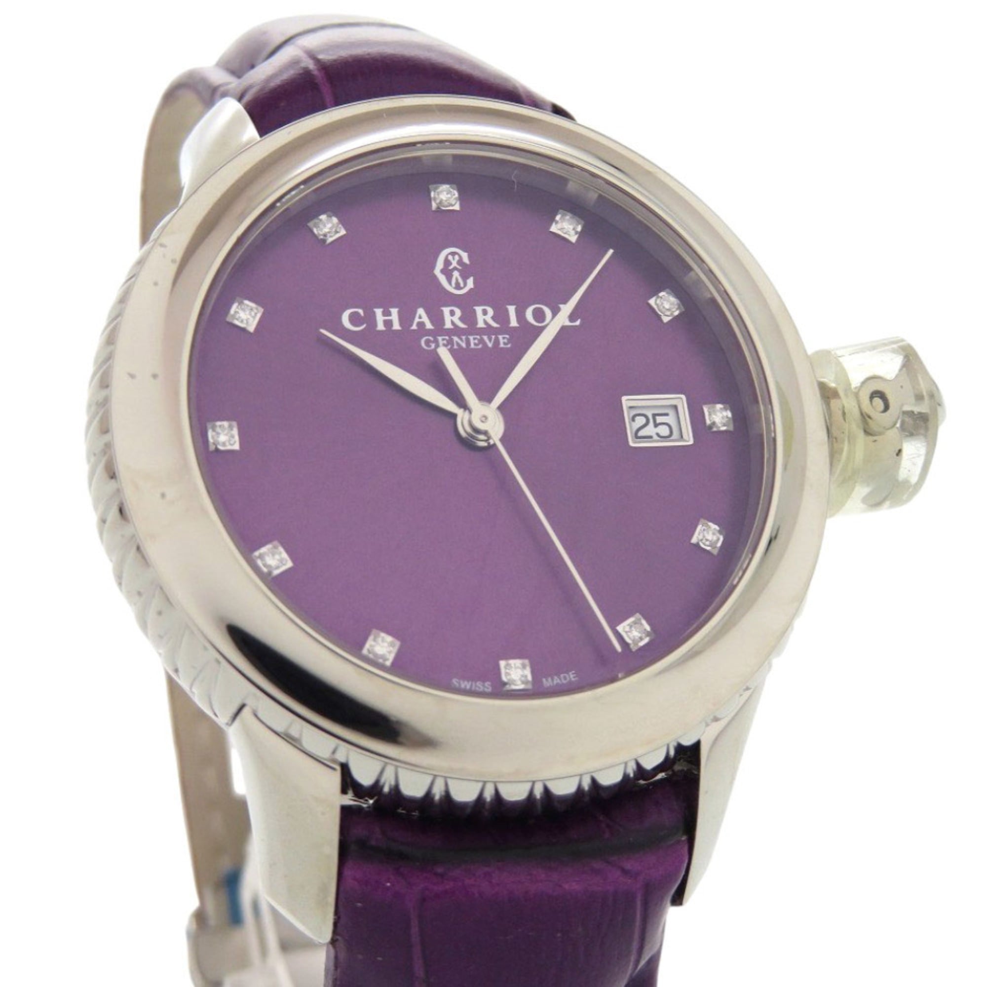 Ongebruikt Charriol Columbus 12-delig diamanten horloge CO36QS.369.003, roestvrij staal met reliëfleder, paarse wijzerplaat, quartz uurwerk, 0596 CHARRIOL