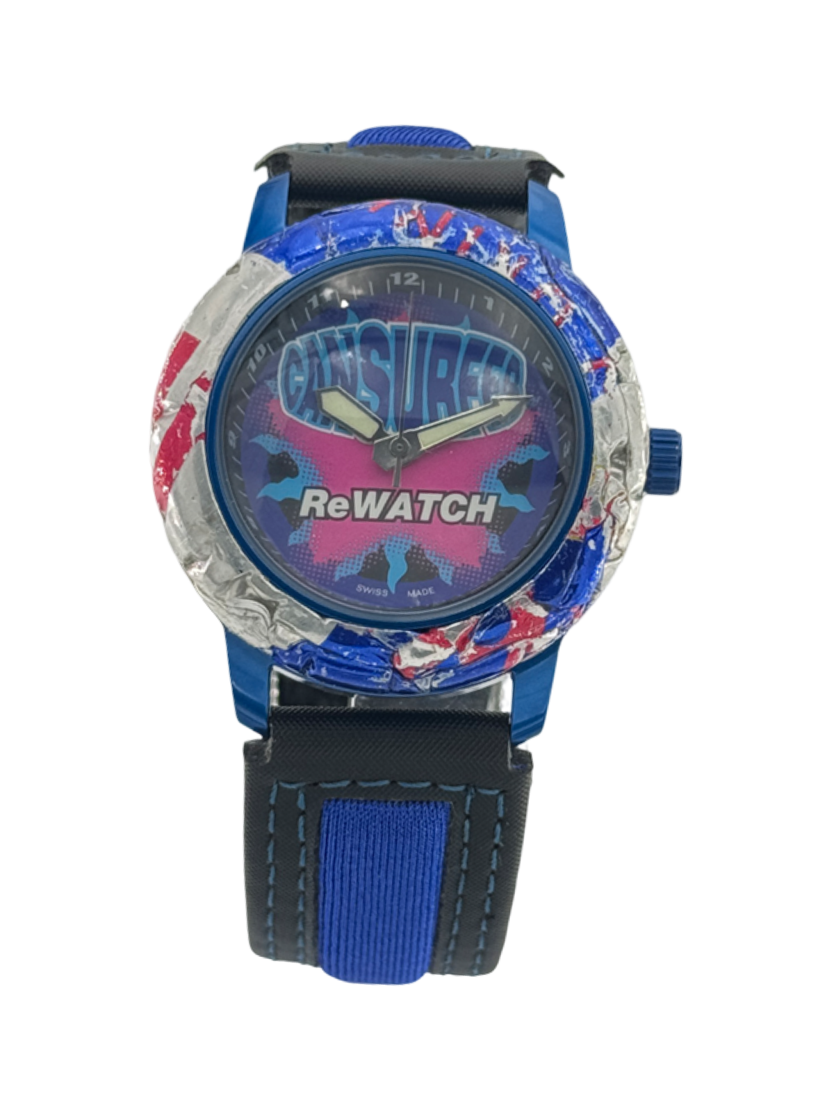ReWATCH Swiss Made „Cansurf“ Quarz Vintage Uhr – Blau/ Rot Lünette aus recyceltem Material