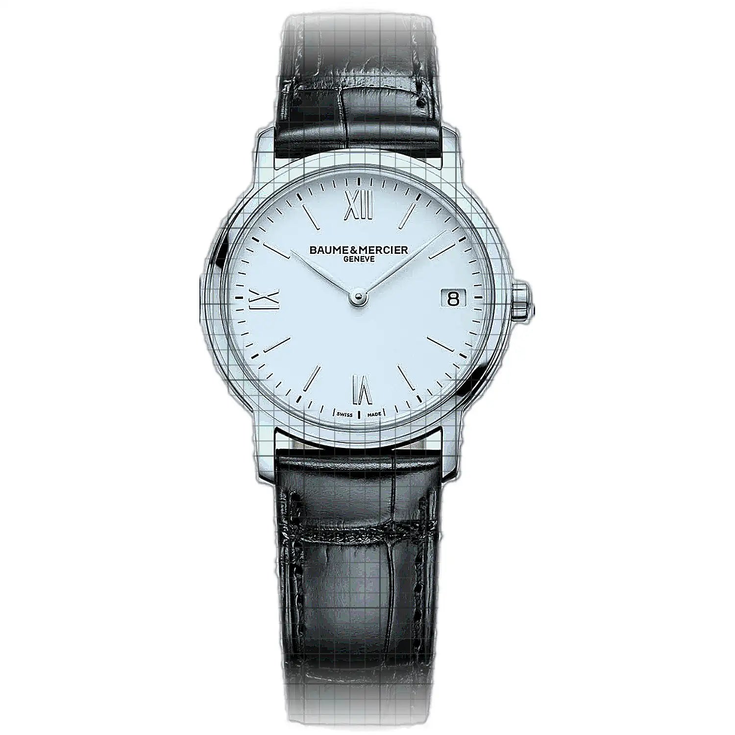 Baume & Mercier watch with a silver-tone case, white dial, and black alligator leather strap, shown against a plain white background.