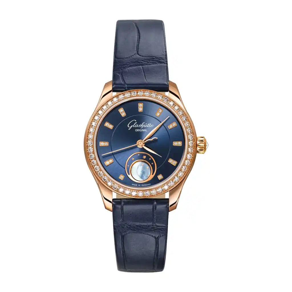 Grand Seiko Serenade 1-35-14-06-15-04 Horloge met blauwe wijzerplaat en roségouden kast, 32 mm