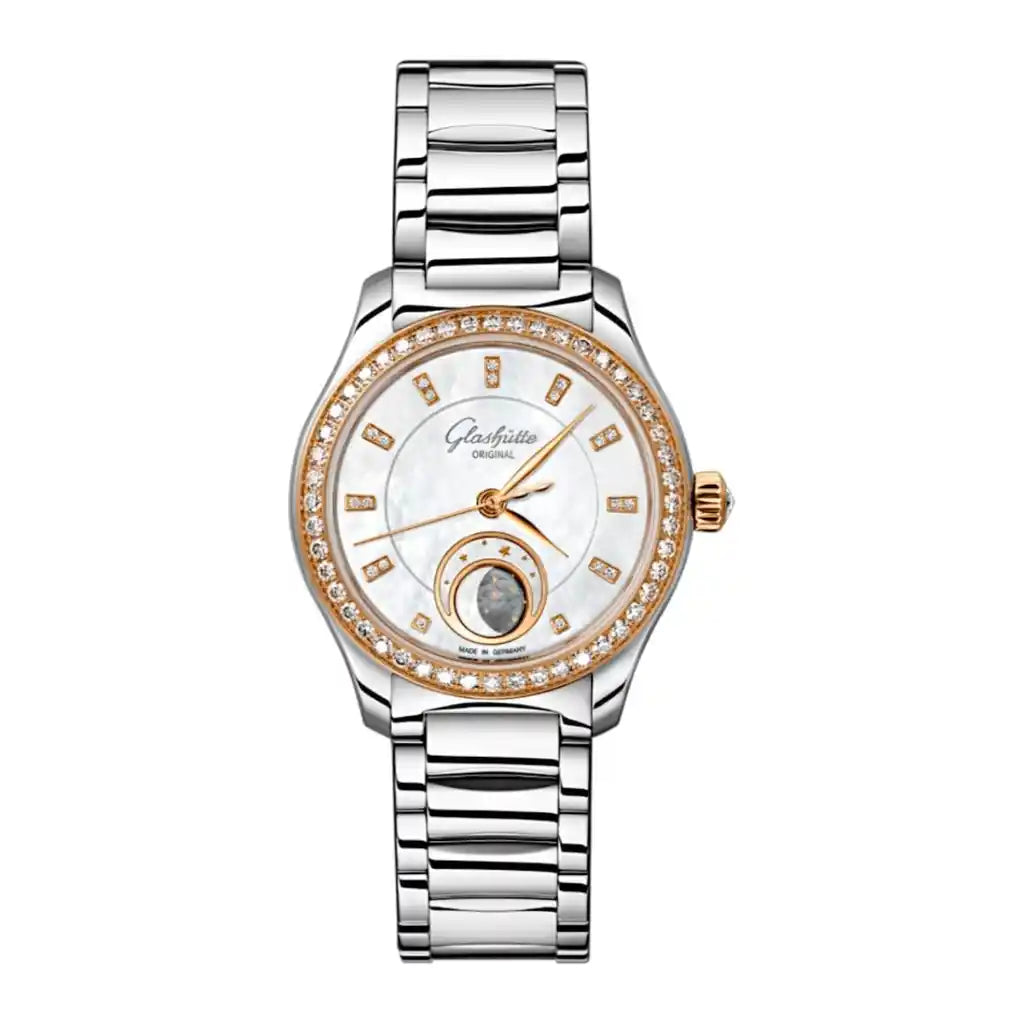 Grand Seiko Lady Serenade 1-35-14-01-16-14 Horloge met parelmoeren wijzerplaat, roestvrij staal, roségoud, PVD-coating, 32 mm