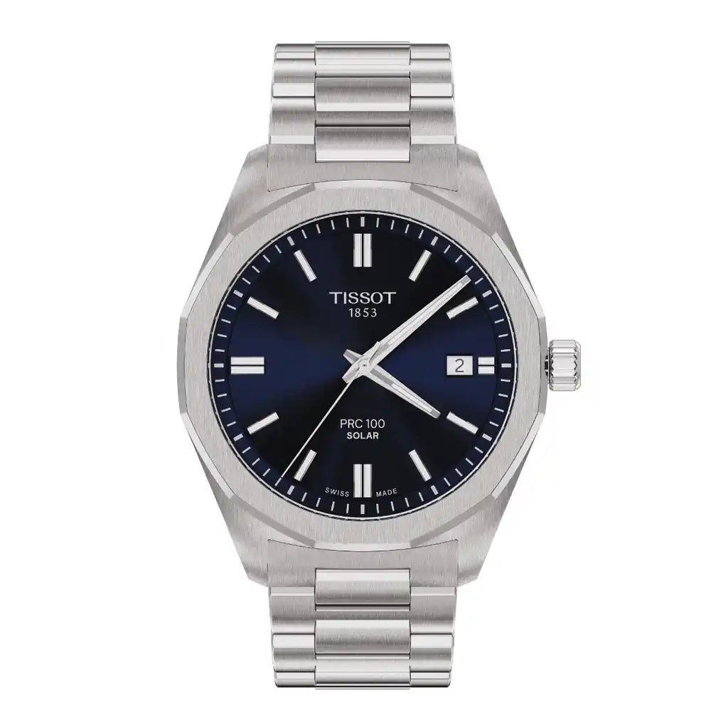 39mm Tissot T-Classic PRC 100 Solar T151.422.11.041.00, cadran bleu, acier inoxydable, 39mm