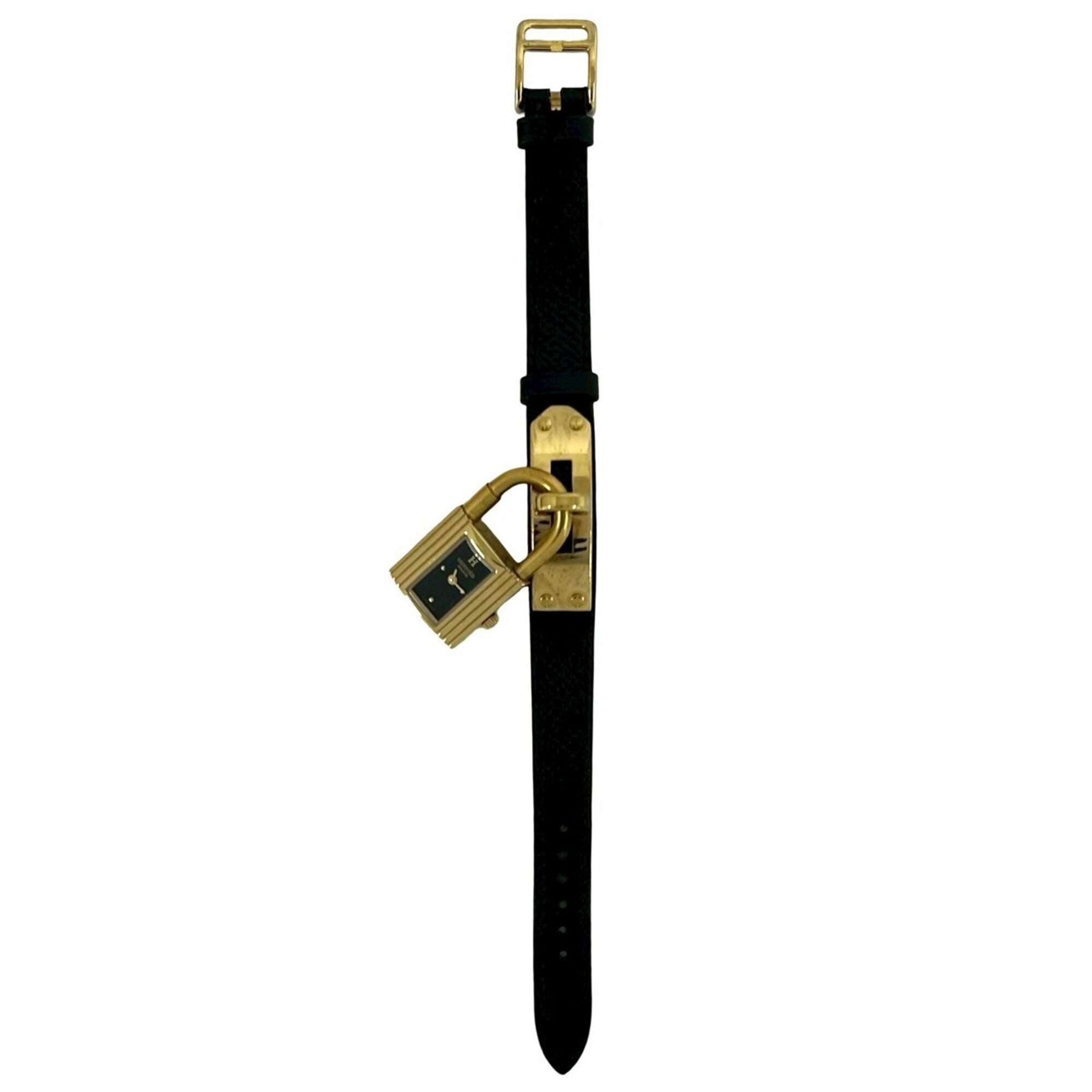 HERMES Vintage Kelly Leather Genuine GP Finish Wrist Black & Gold 82135