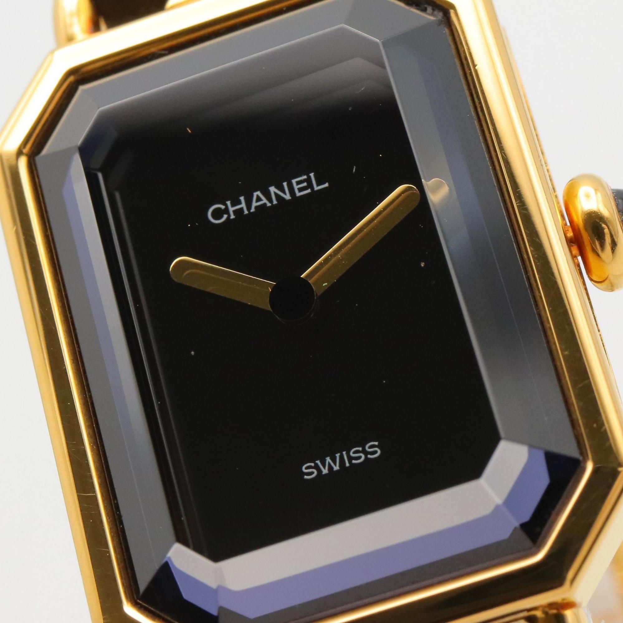 CHANEL Premiere M-horloge, verguld, met leren band, zwart, dames, H0001