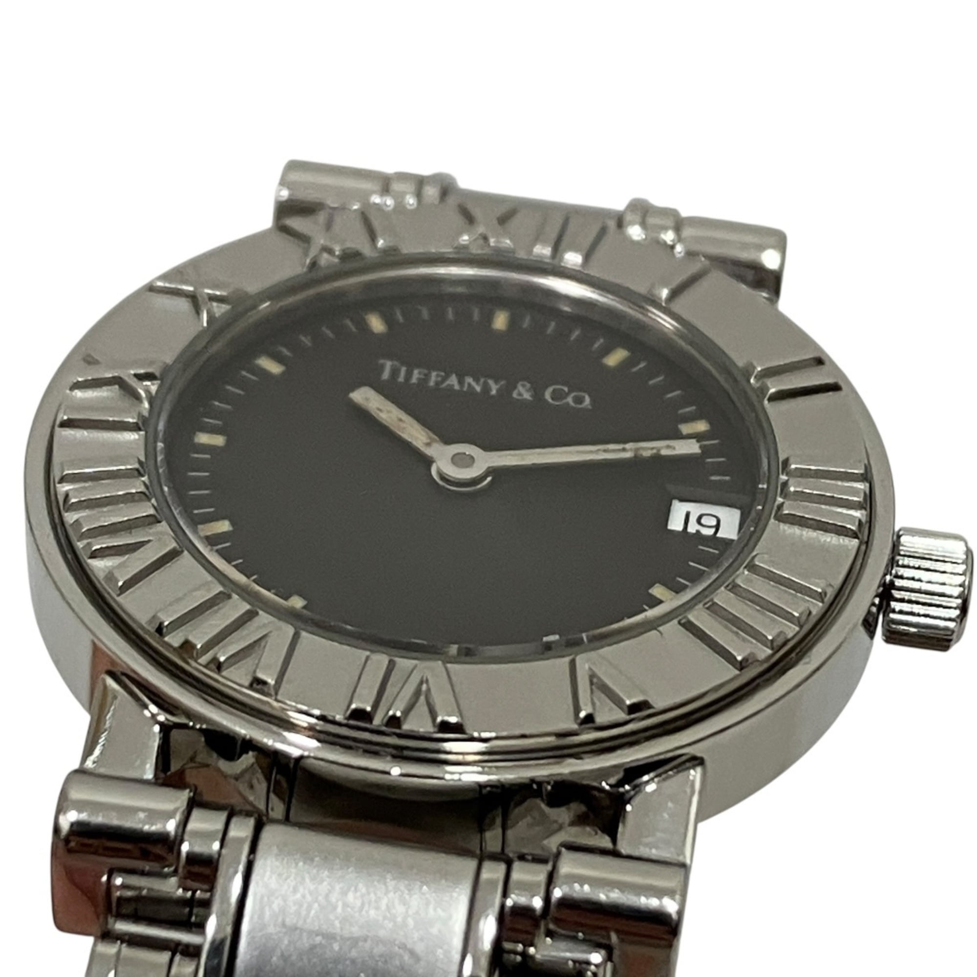 Tiffany & Co. Atlas watch, total weight 53.5g, stainless steel, quartz movement, black dial.