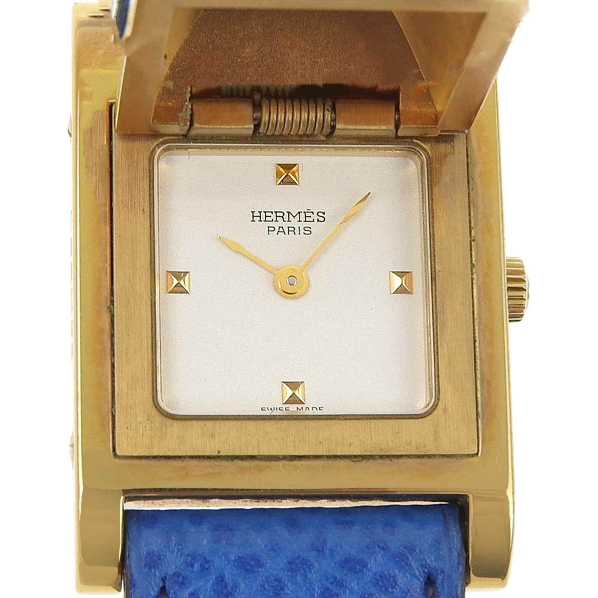 Hermes Medor watch, gold plated x leather, 1994 model, quartz, analog, white dial, women's.