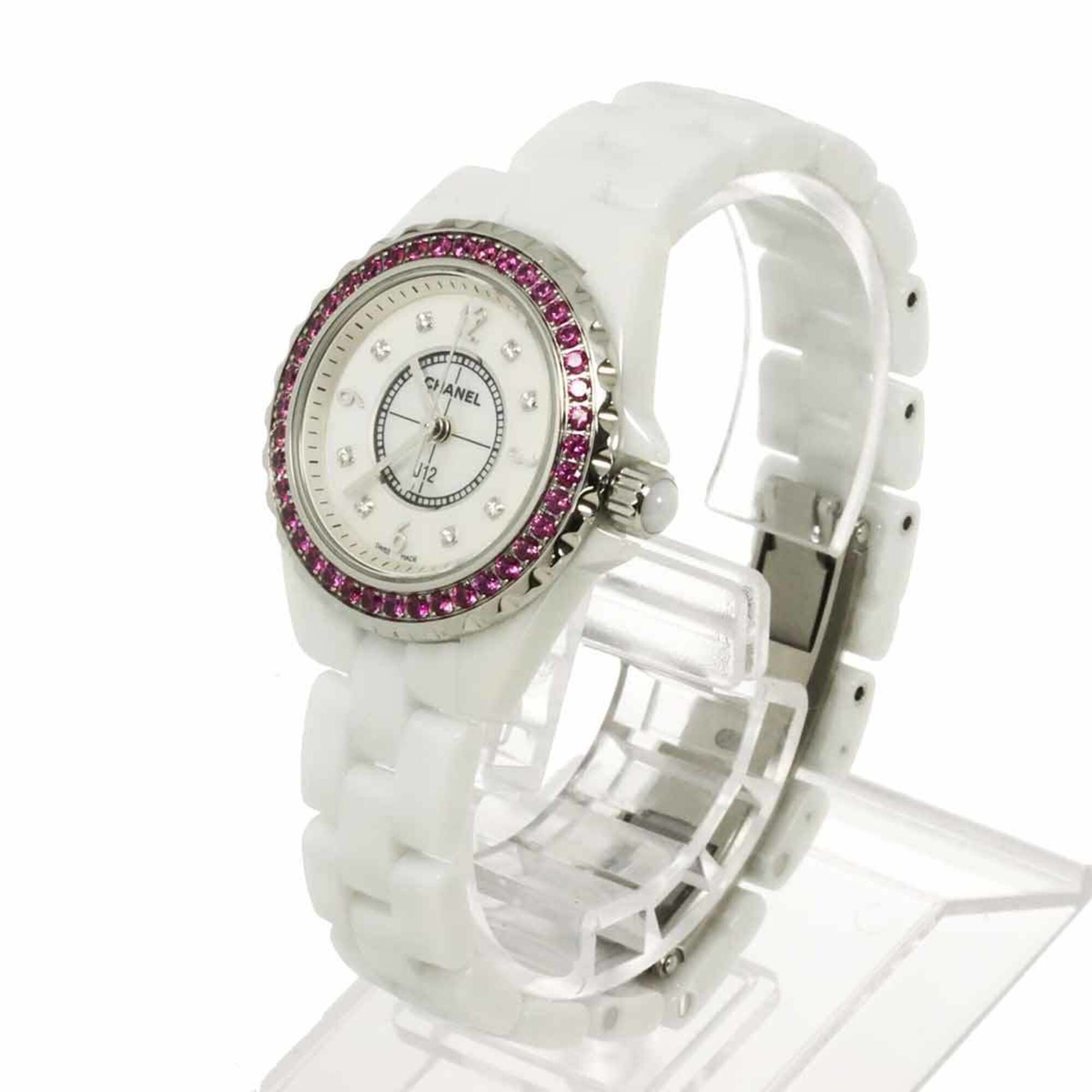 Chanel J12 29mm H3243 Wo Pink Sapphire Bezel 8 Diamonds White Shell Ceramic Quartz