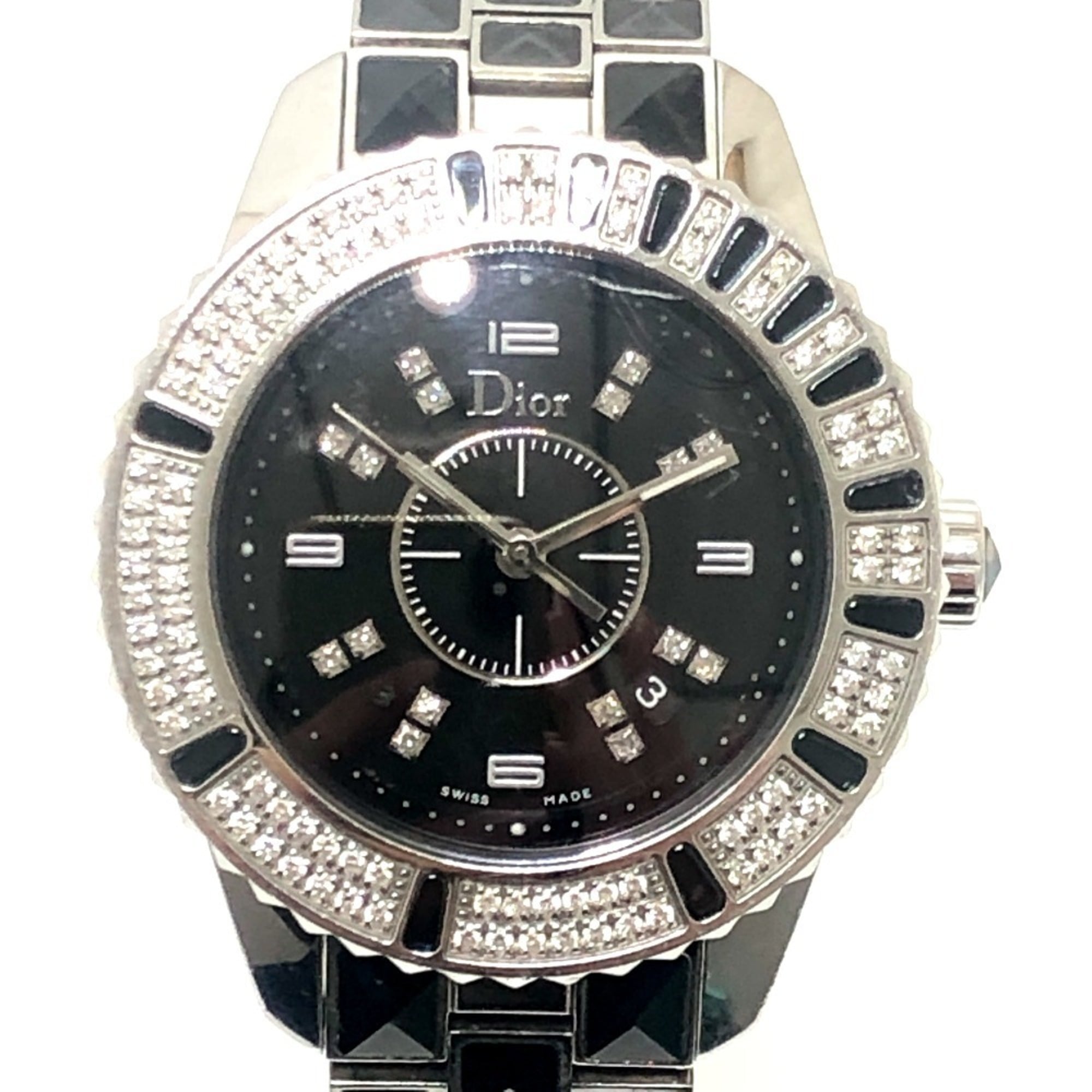 Dior CD113119 Crystal Diamond Bezel 16P Quartz Date Watch Round Face Stainless Steel Women's Silver
