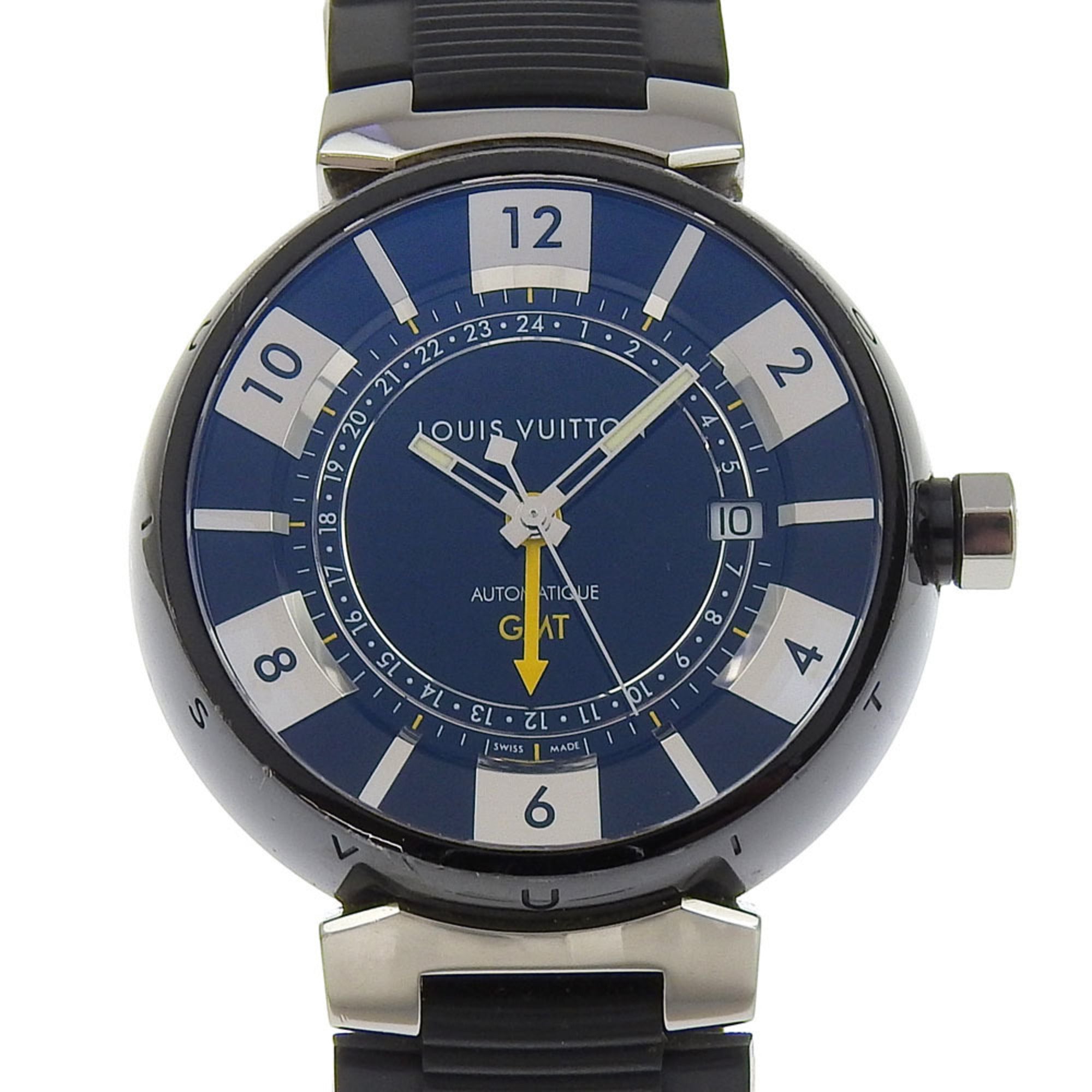 Louis Vuitton Tambour GMT Watch Q113K Stainless Steel x Rubber Automatic Black Dial Men's