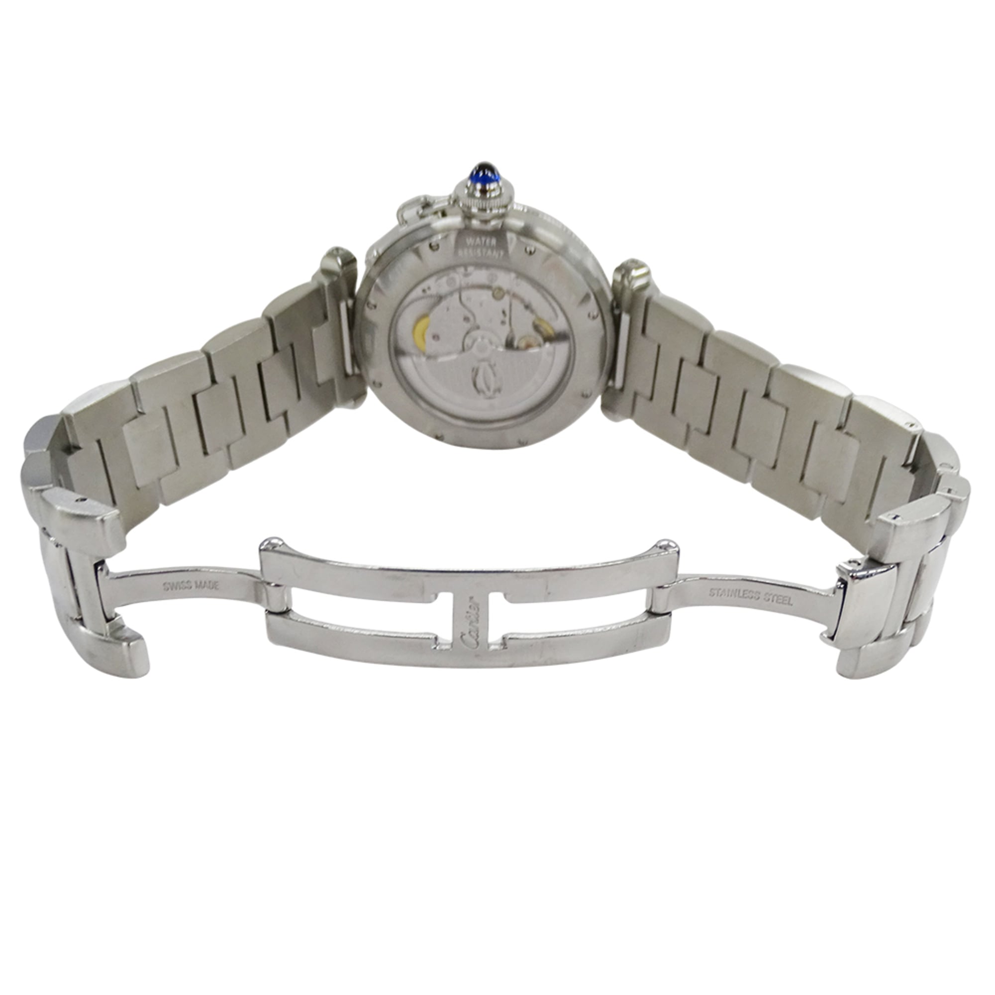 Cartier Pasha Grid Date Automatic Watch for Men, Stainless Steel (SS) W31040H3, Silver, Open Caseback