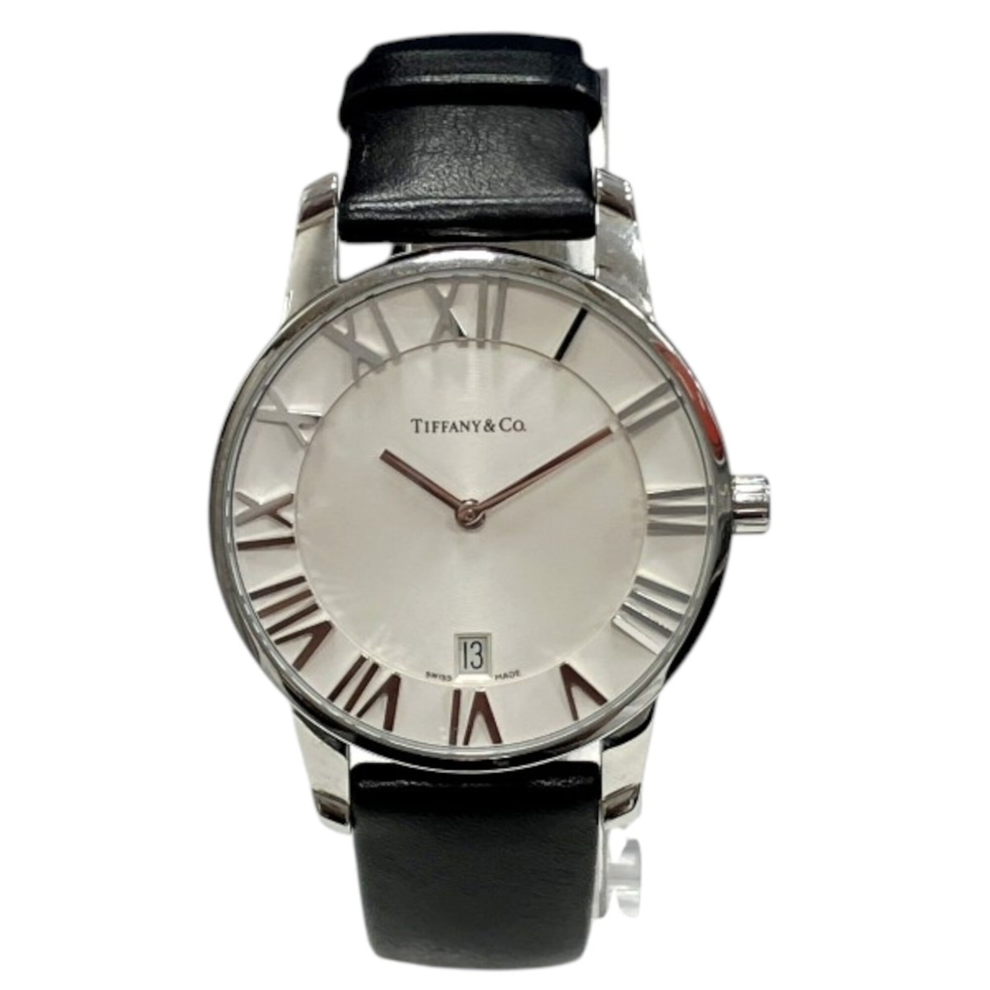 Tiffany & Co. Atlas Dome Watch, Total Weight 49.8g, Stainless Steel, Genuine Leather Strap, Quartz Movement, White Dial, T1405