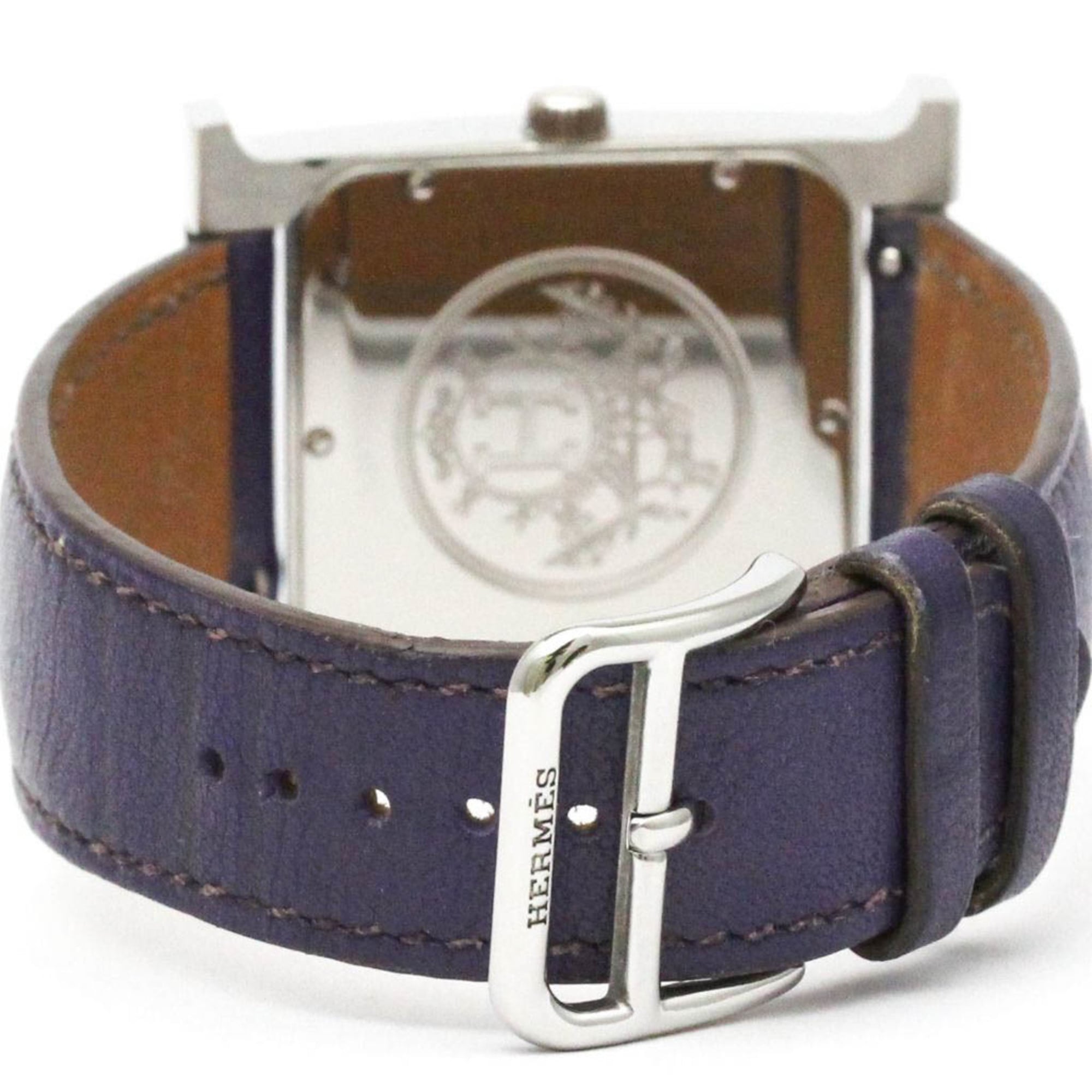 HERMES H Wach Steel Leather Quartz Mens Watch HH1.810 Polished