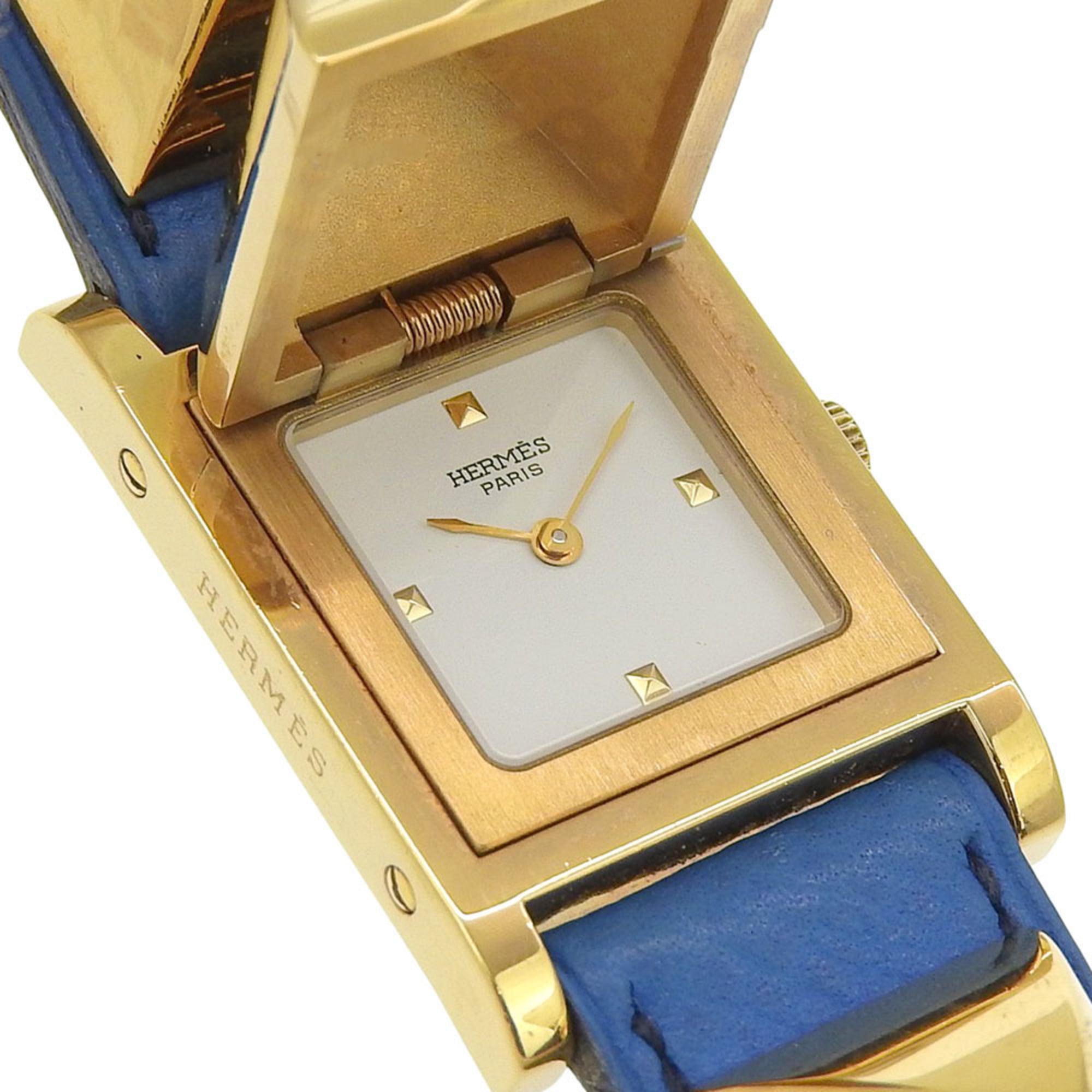 Montre Pour Hommes Hermès Medor, cuir plaqué or, mouvement Quartz, affichage analogique, cadran Blanc