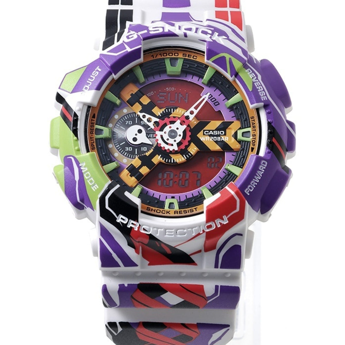 Casio G-SHOCK 1100-Serie – Evangelion-Kooperationsmodell GA-110EVA30-7AJR, mehrfarbiges Zifferblatt, 51 mm Uhr
