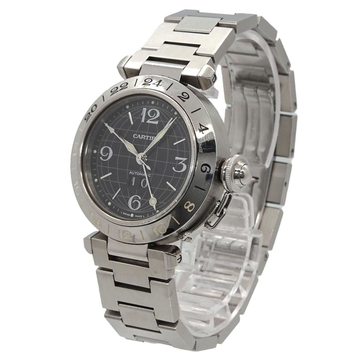 Cartier Pasha C Meridian GMT Big Date W31049M7 horloge met zwarte wijzerplaat, 35 mm