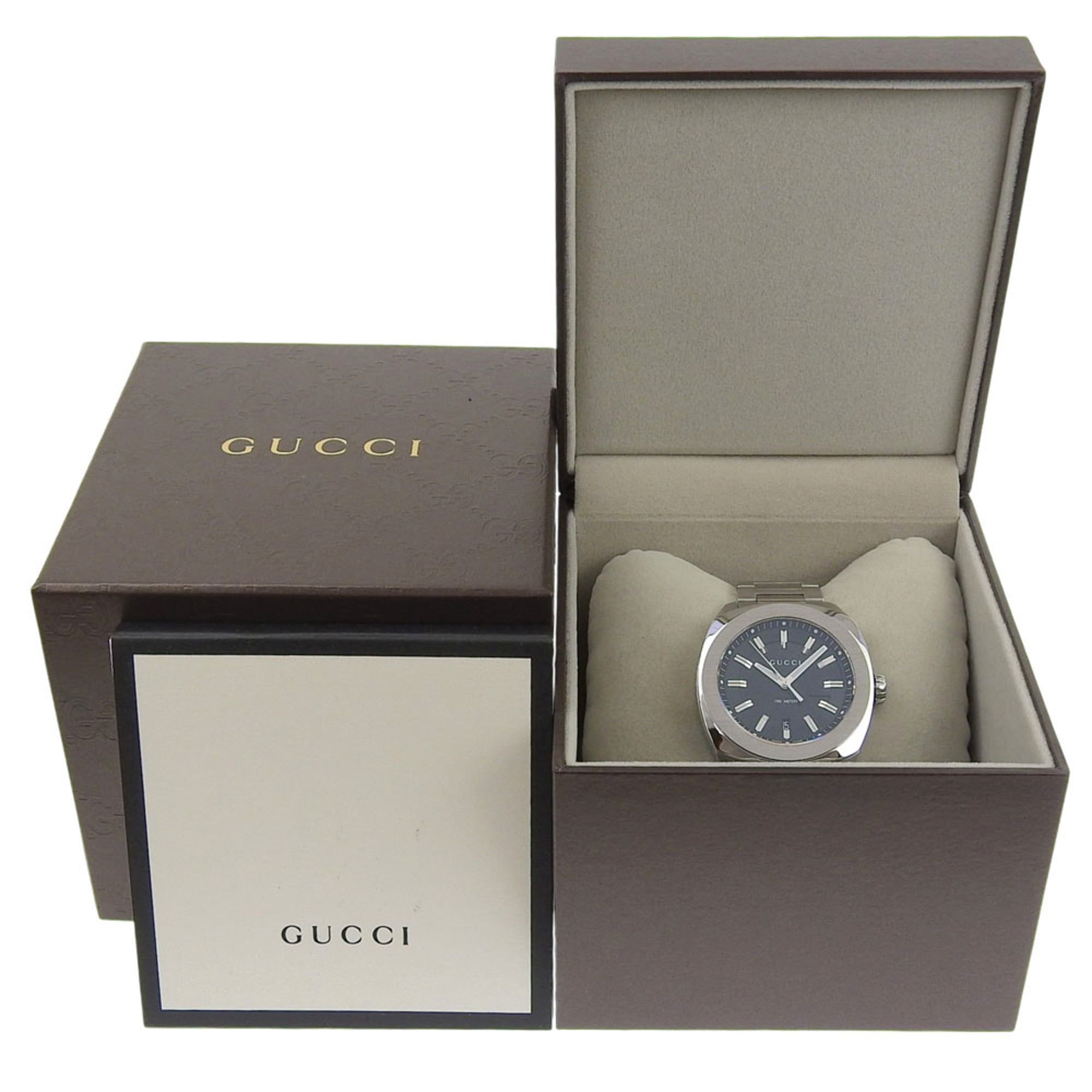 Gucci Date 100m YA142201 142 2 Black Dial Stainless Steel Quartz Watch