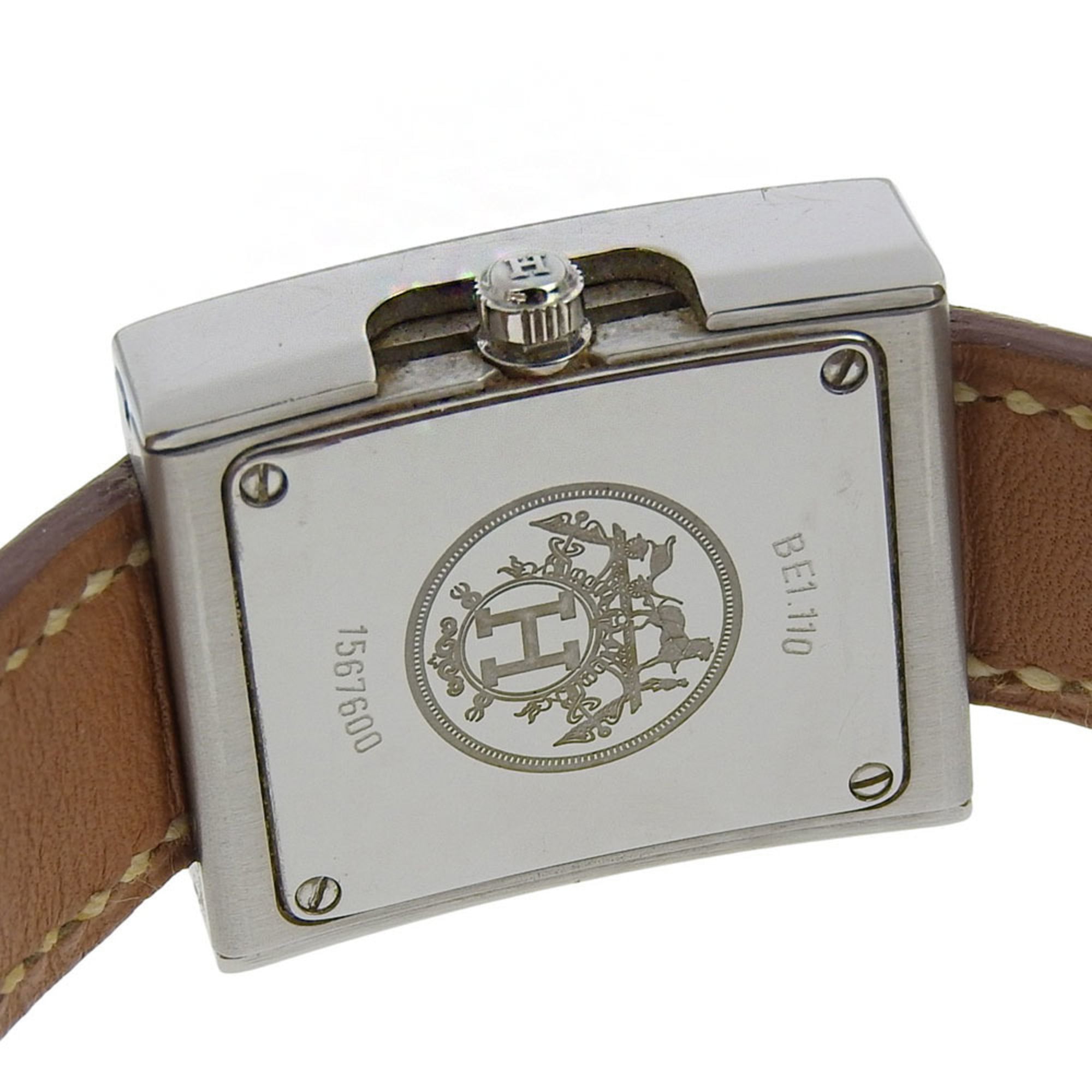 Hermès BE1.110 dameshorloge met roestvrijstalen en leren band, 2002, quartz uurwerk, analoge wijzerplaat, witte wijzerplaat