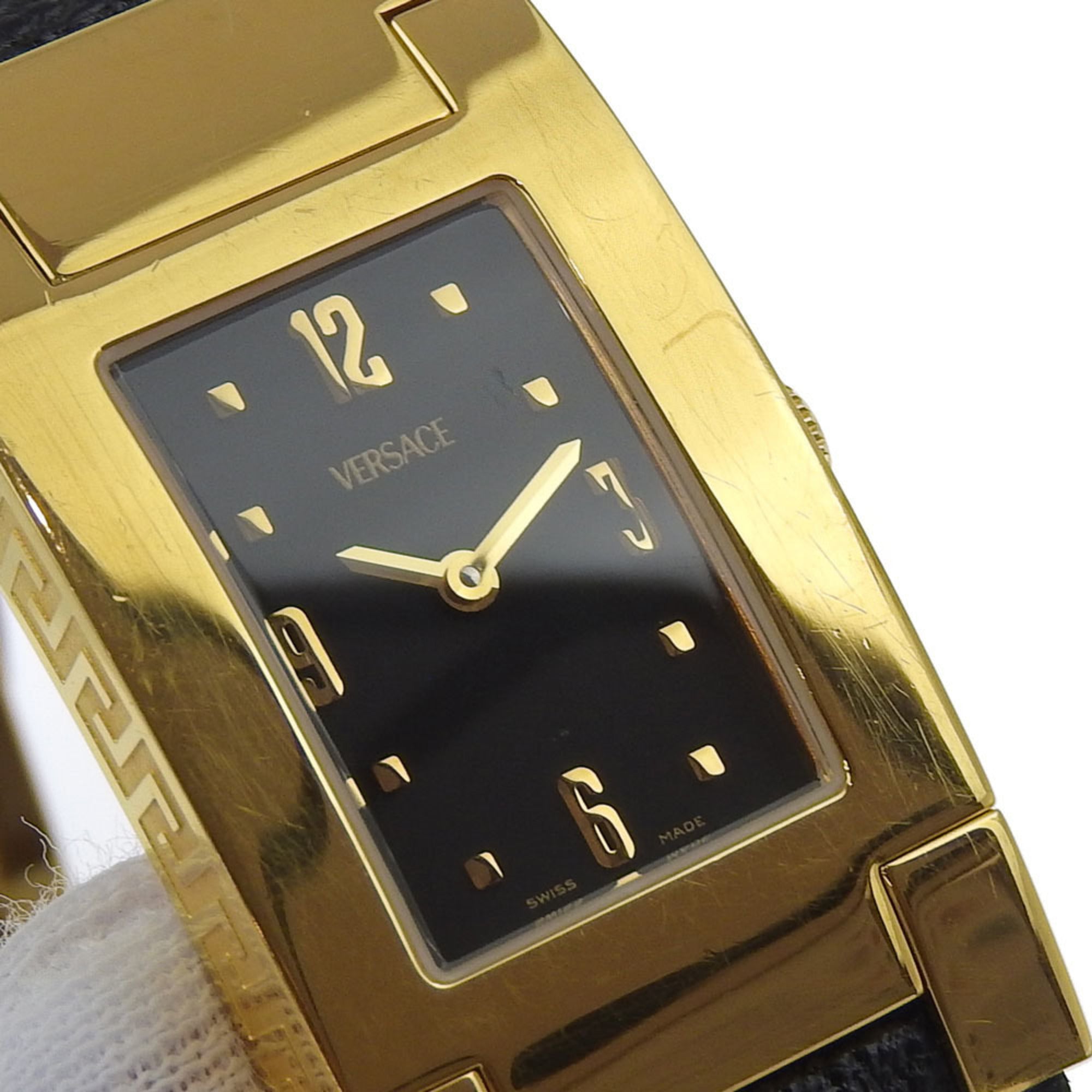 Versace VERSACE ALQ90 Rechthoekig zwart wijzerplaat GP/leer quartzhorloge op batterijen voor dames
