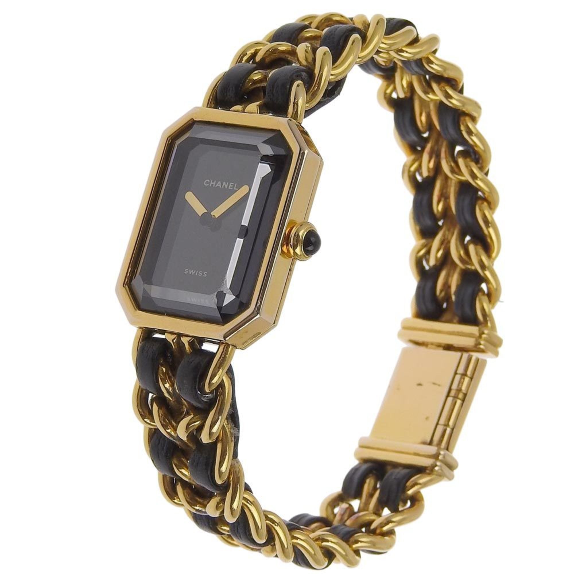 CHANEL Premiere L Watch H0001 Gold Plated x Leather Swiss Made Black Quartz Analog Display Dial Ladies