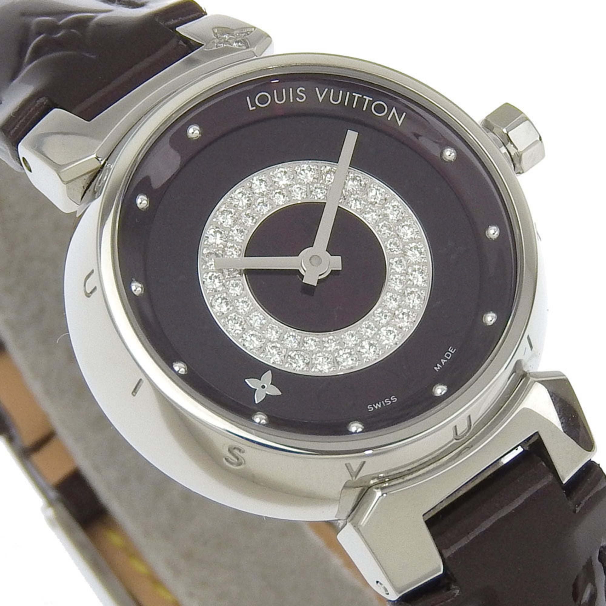 Louis Vuitton Tambour-horloge Disc Diamant Amarante Q121U roestvrij staal x Monogram Vernis, diamant, quartz, analoge wijzerplaat, amarantkleurige wijzerplaat, damesmodel