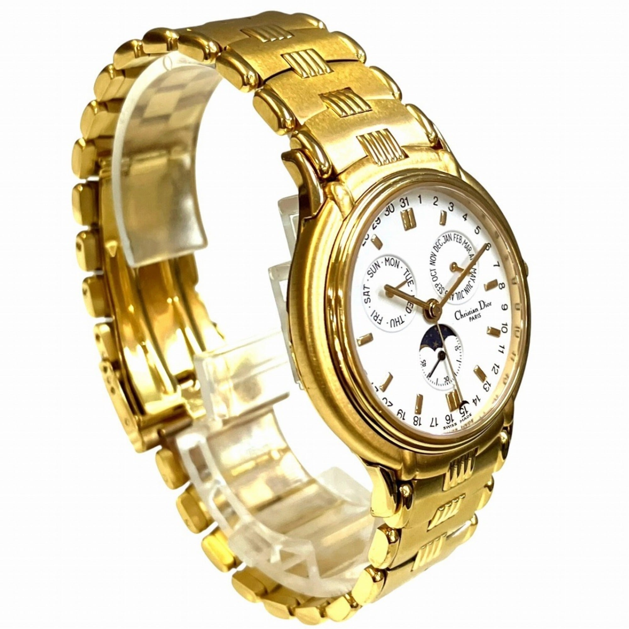 Montre Christian Dior Phase De La Lune et triple calendrier, poids total : 70,6 g, finition plaquée or (GP), mouvement Quartz, cadran Blanc, référence 61.271
