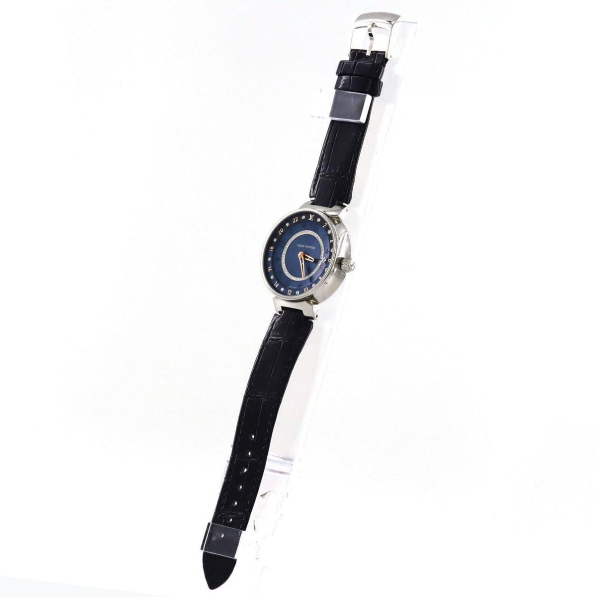 Louis Vuitton Tambour Moon Dual Time QA142, blaues Zifferblatt, 35 mm Uhr