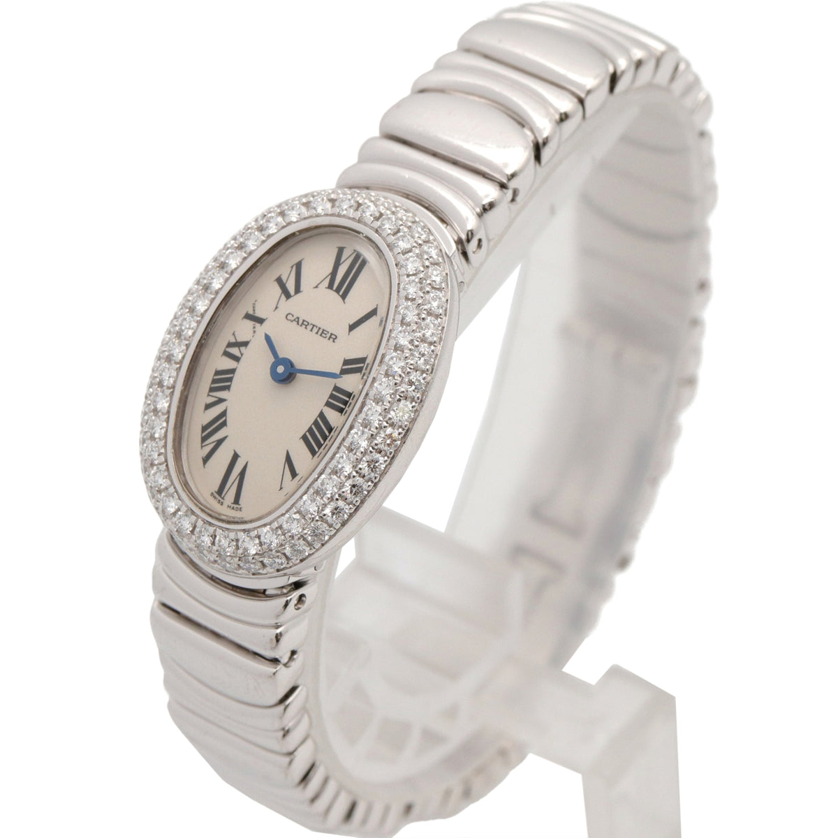 Cartier Mini Baignoire Diamond Bezel 18K WB5095L2 Silver Dial 18mm Watch