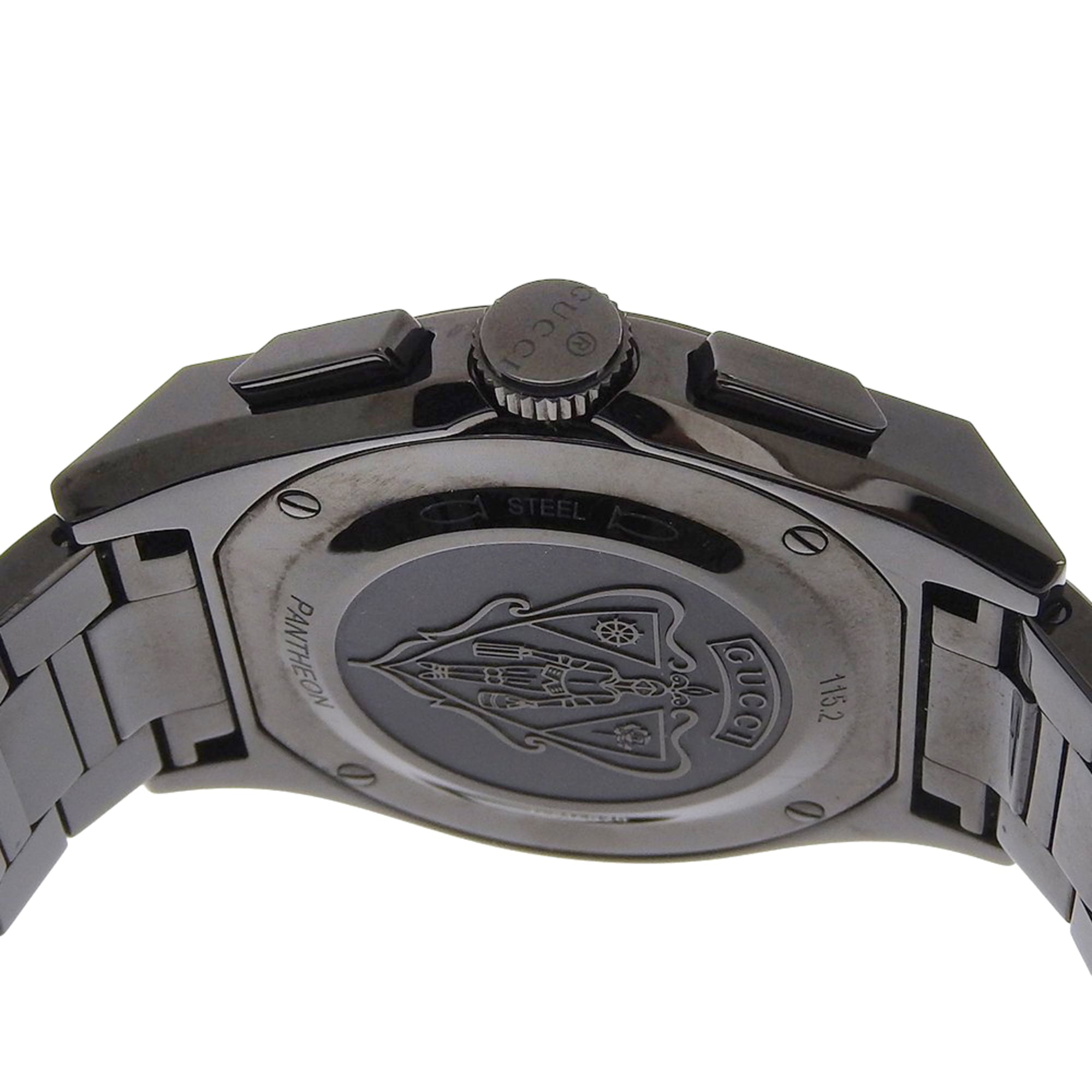 Gucci Pantheon herenhorloge, 115.2 roestvrij staal, zwarte quartz-chronograaf, wijzerplaat
