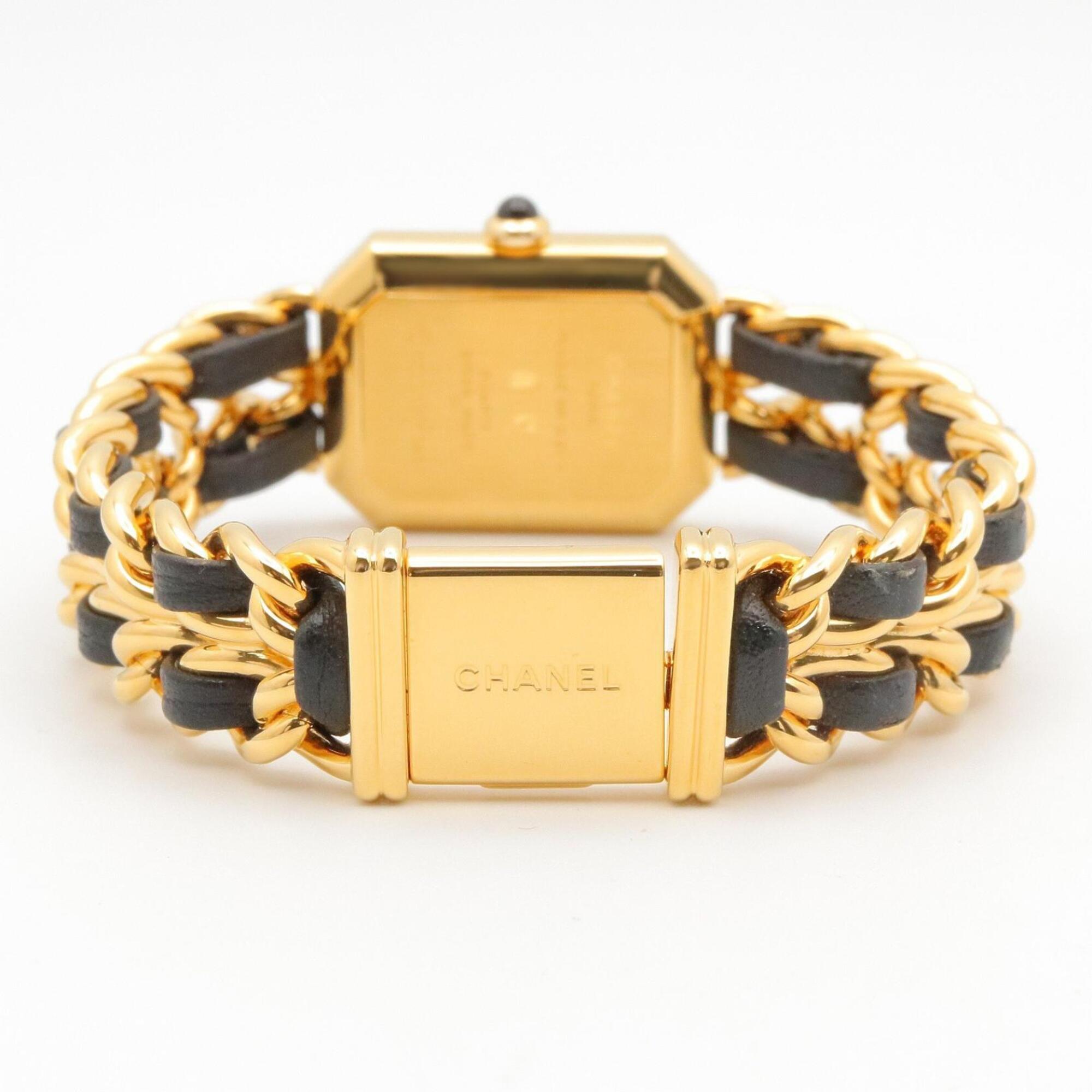 Montre-bracelet Chanel CHANEL Première M, plaquée or (GP), bracelet en cuir, pour femme, Noir, H0001