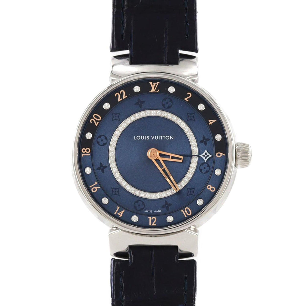 Louis Vuitton Tambour Moon Dual Time QA142, blaues Zifferblatt, 35 mm Uhr