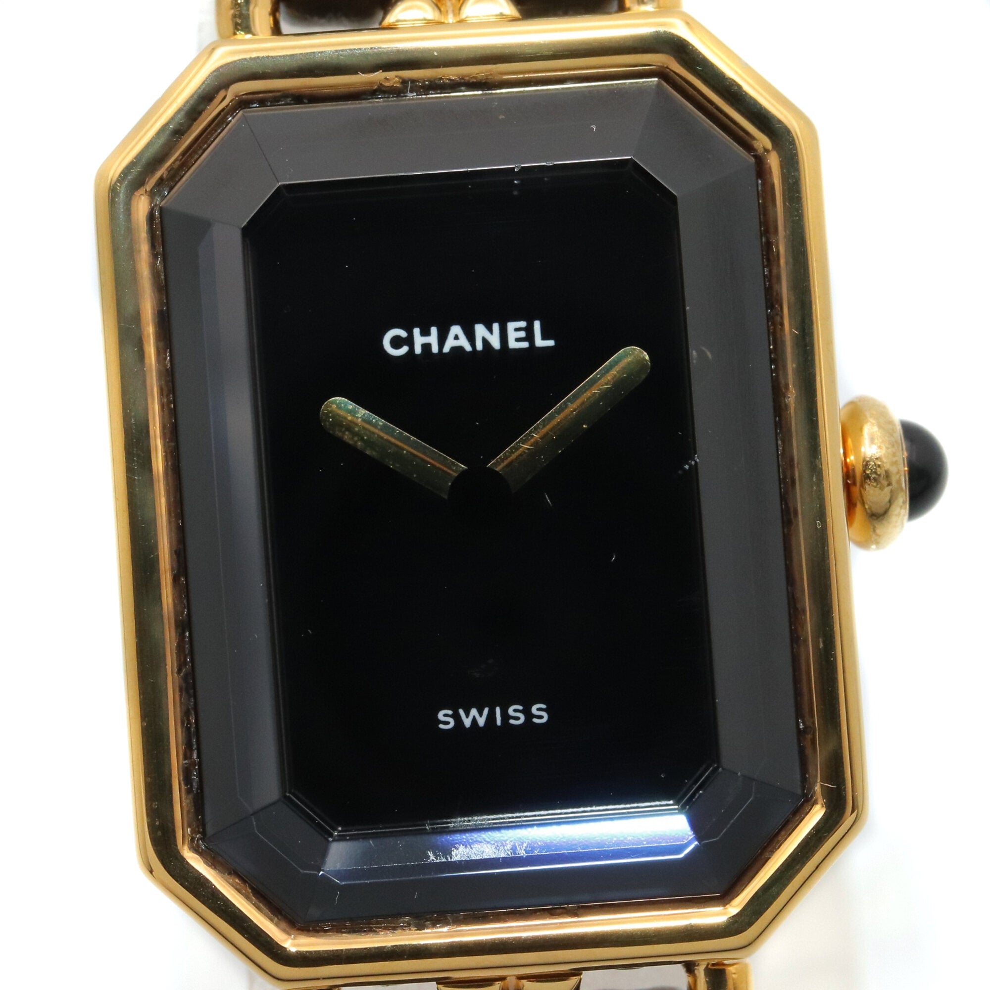 Montre Chanel CHANEL Première S, plaquée or (GP), bracelet en cuir, pour femme, Noir, H0001