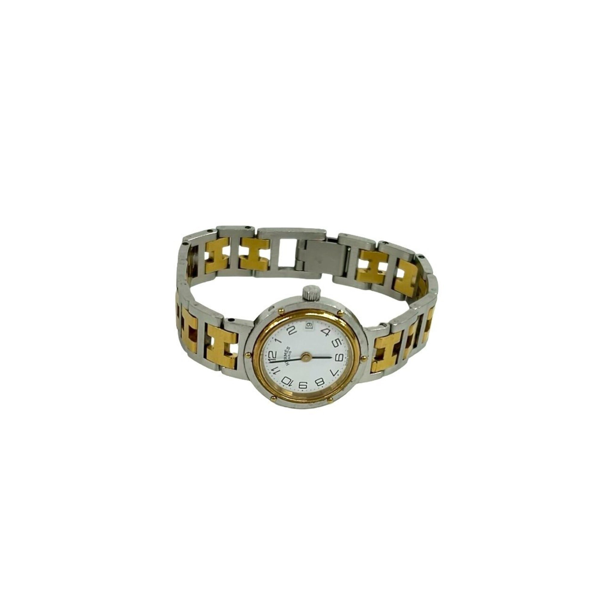 HERMES Vintage Clipper Logo Engraved Stainless Steel GP Wristwatch Silver Gold 40594