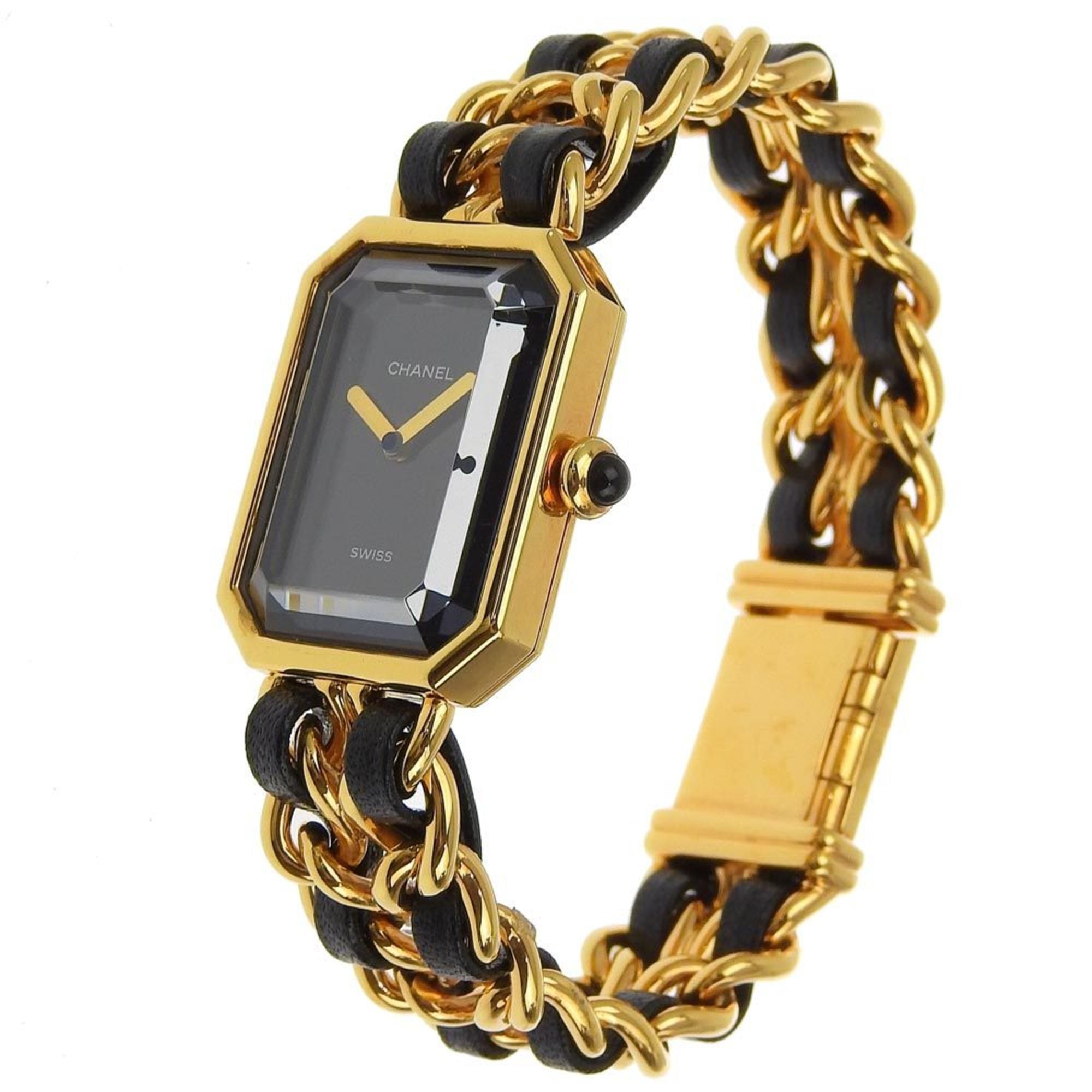 Chanel CHANEL Premiere S Watch H0001 Gold-plated x Leather Quartz Analog Display Black Dial Ladies