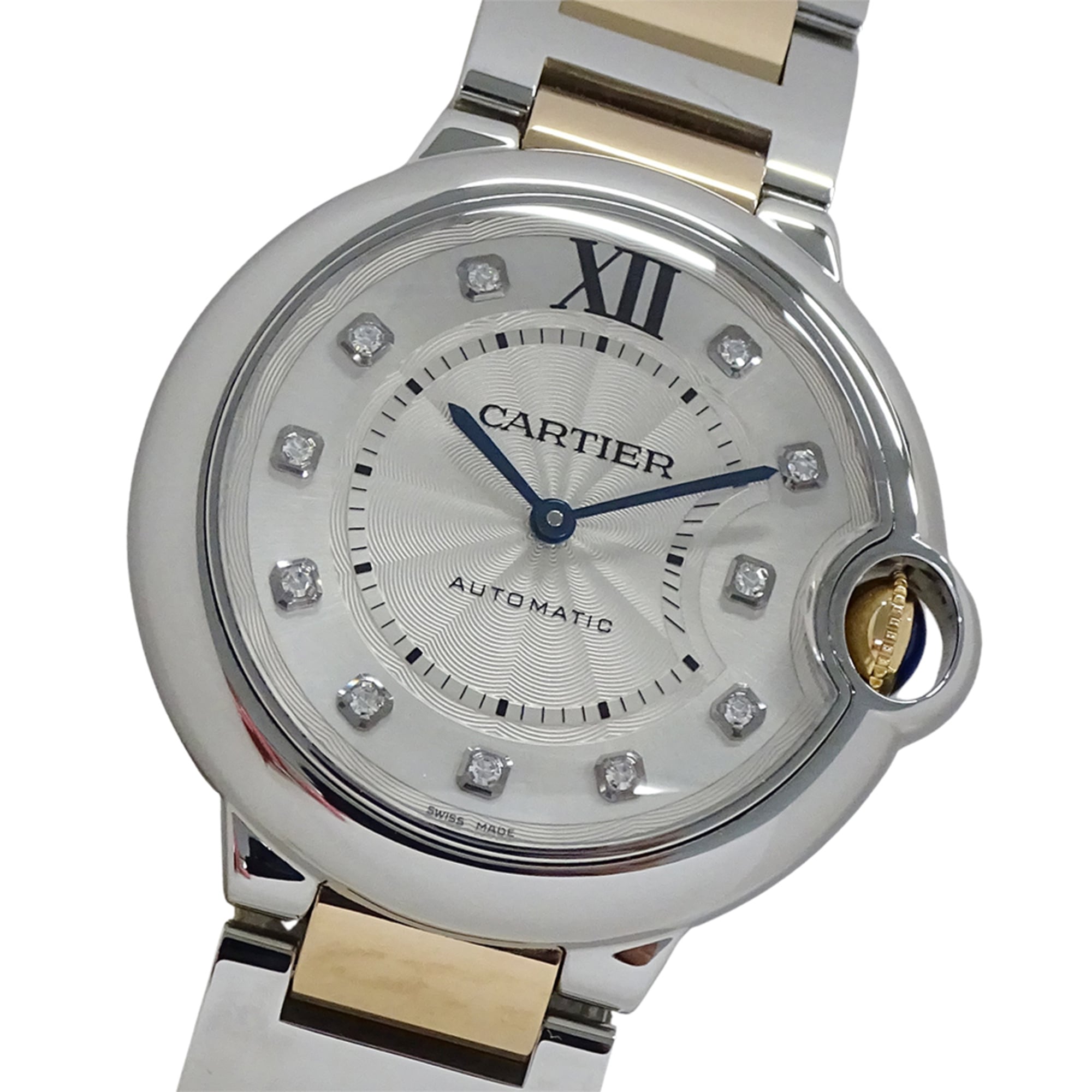 Cartier Ballon Bleu automatic watch for boys, 11 diamonds, stainless steel (SS) and pink gold (PG), model number WE902031.