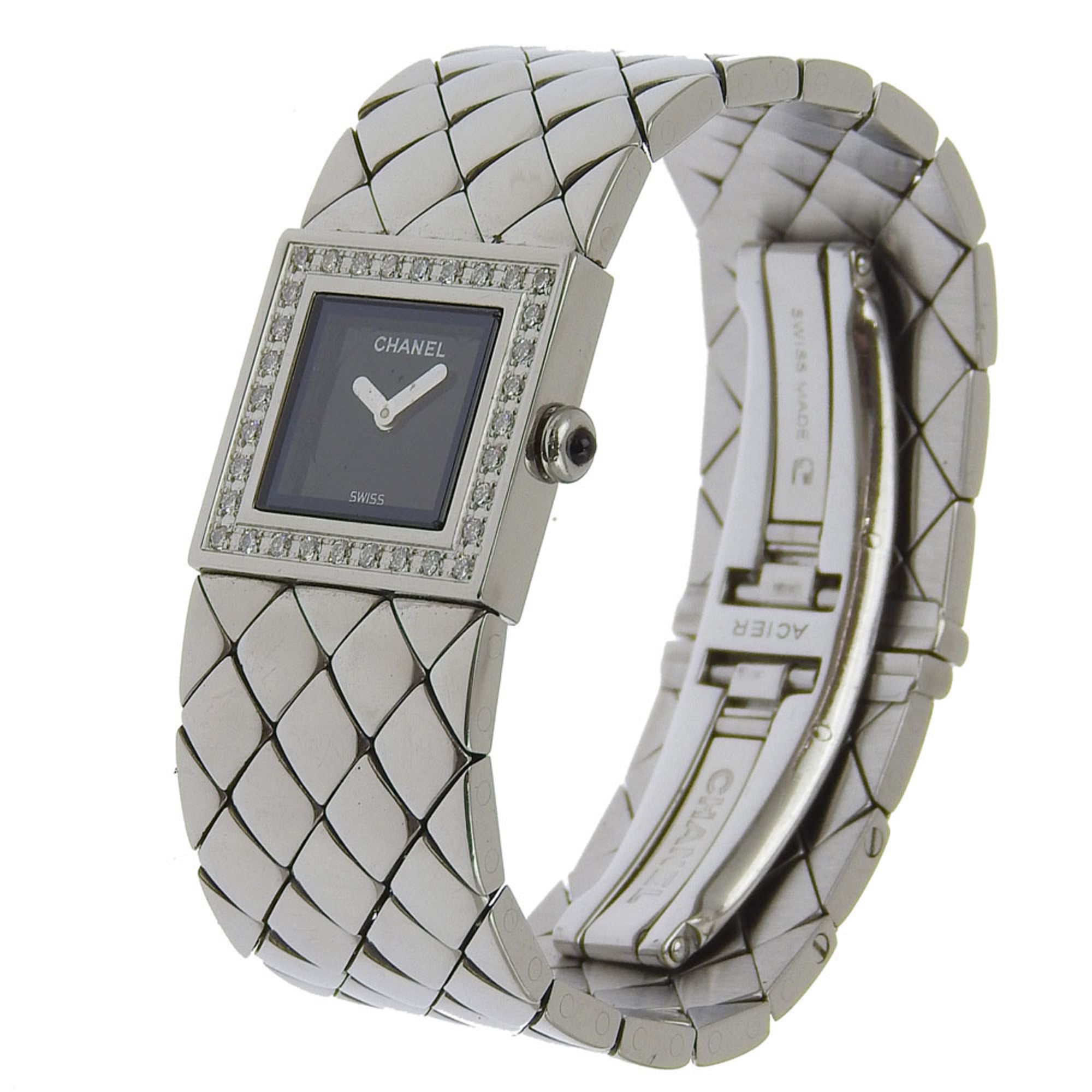 CHANEL Matelasse Watch Diamond Bezel H0489 Stainless Steel Quartz Analog Display Black Dial Women's I213024033