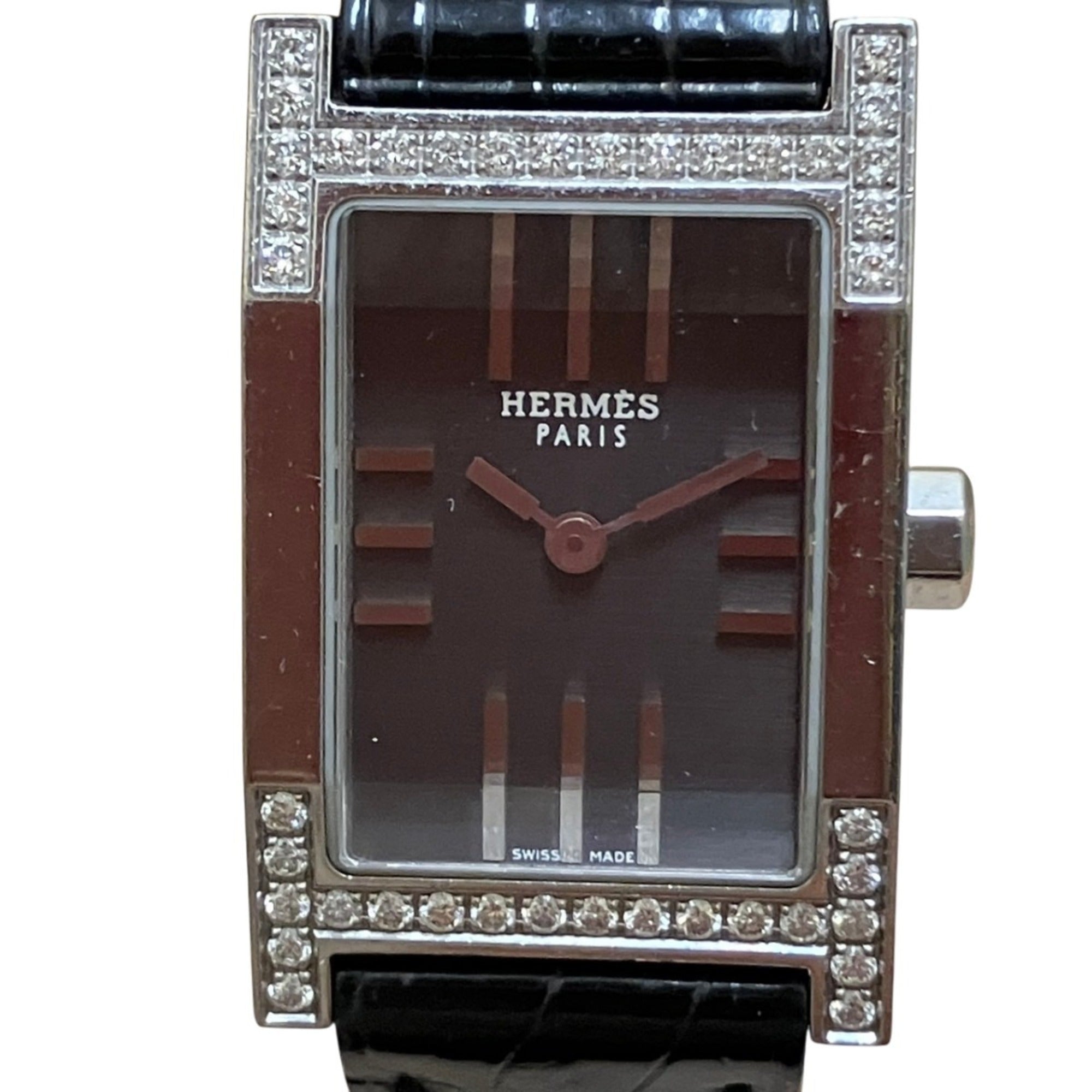 Hermes HERMES Dandem Diamond-Set Bezel Watch, Total Weight 20.8g, Stainless Steel, Genuine Leather Strap, Quartz Movement, Black Dial, TA1.230