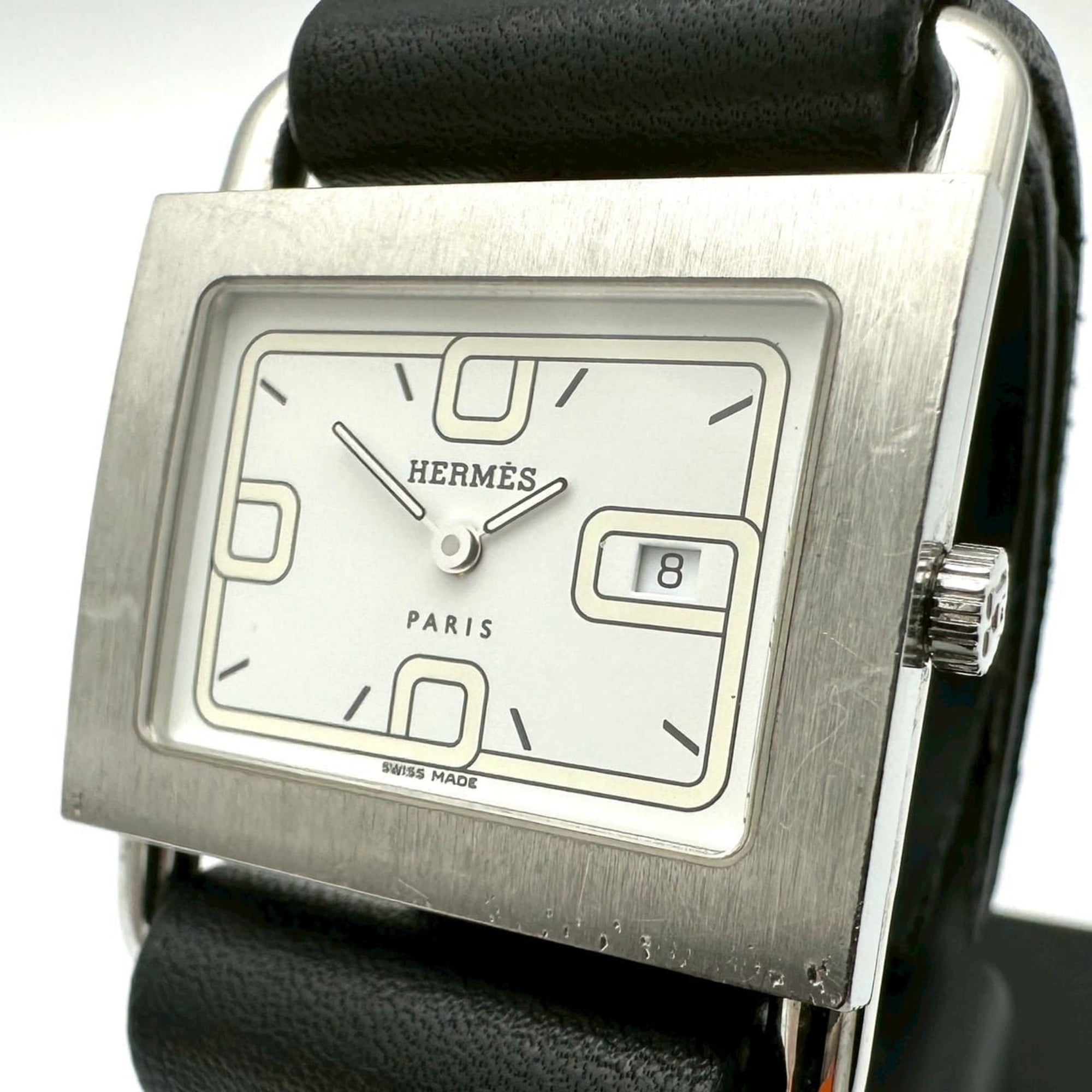 HERMES Barenia Date Watch BA1.510 SS Leather Quartz Movement White Black Women's Buckle