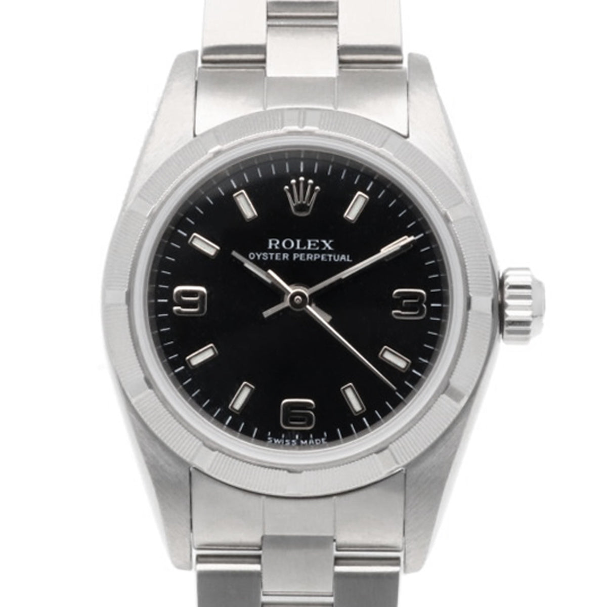 Rolex Oyster Perpetual 76030 met zwarte wijzerplaat, 25 mm