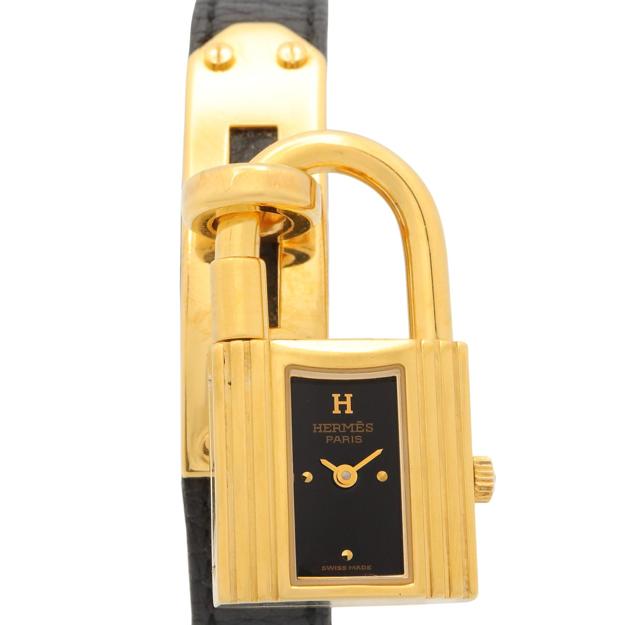 Hermes Kelly Watch, Gold Plated (GP), Leather Strap, Women's, Black, KE1.201
