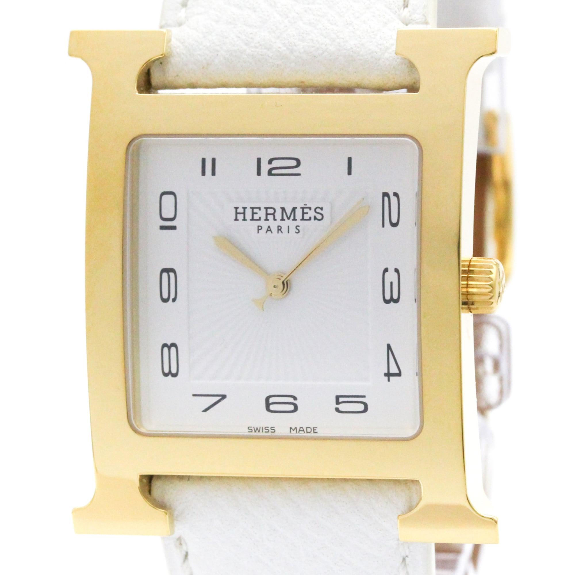 HERMES H Watch Gold Plated Leather Quartz Mens Watch HH1.801