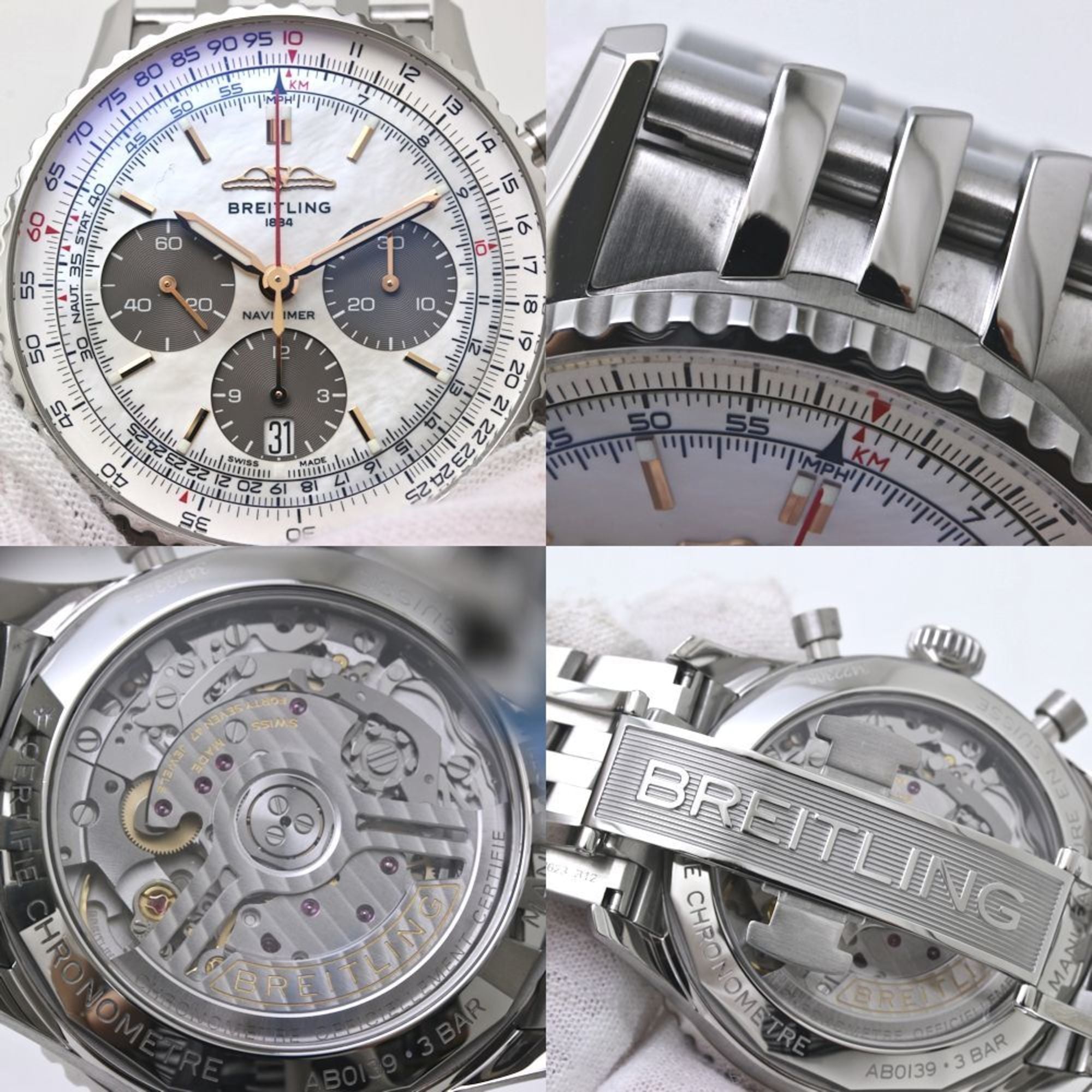 Montre Pour Hommes BREITLING Navitimer B01 Chronographe 41 AB0139211A1A1 AB0139 « Blanc Shell », Édition Limitée au Japon, acier inoxydable 40104