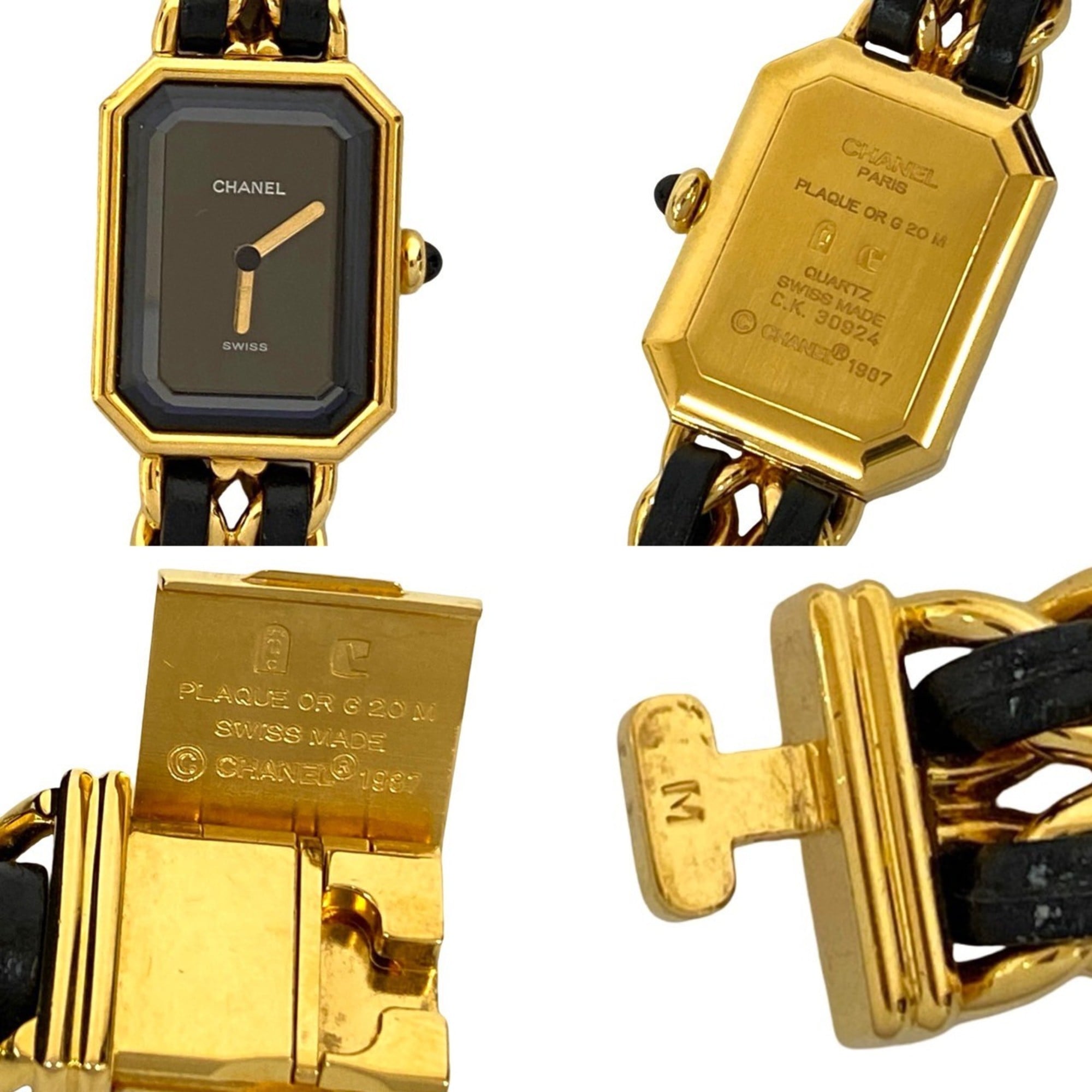 CHANEL Premiere M size quartz stainless steel leather wristwatch gold black 38479
