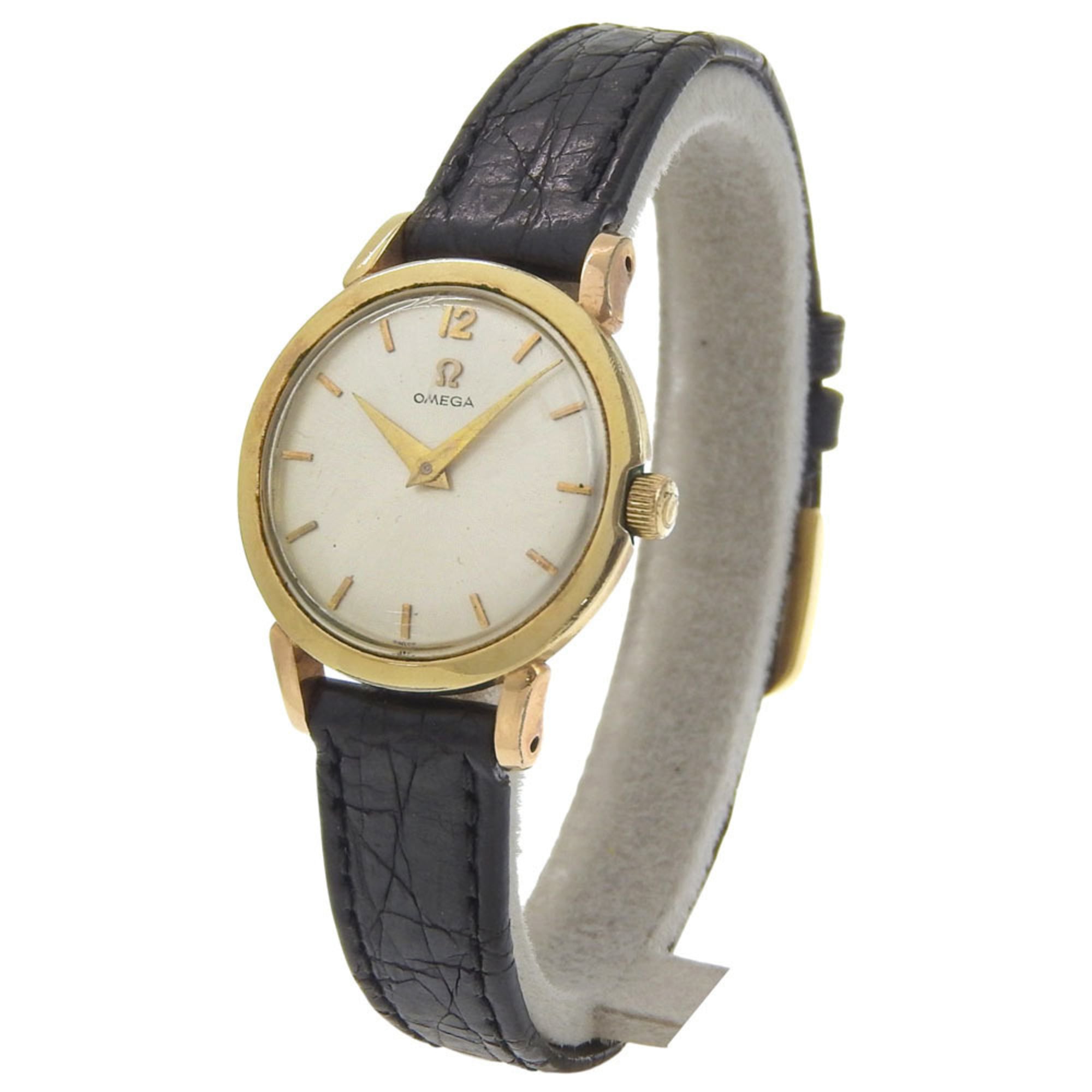 Omega OMEGA Antique Watch Cal.244 Gold Plated x Leather Strap Manual Winding Analog Silver Dial Ladies
