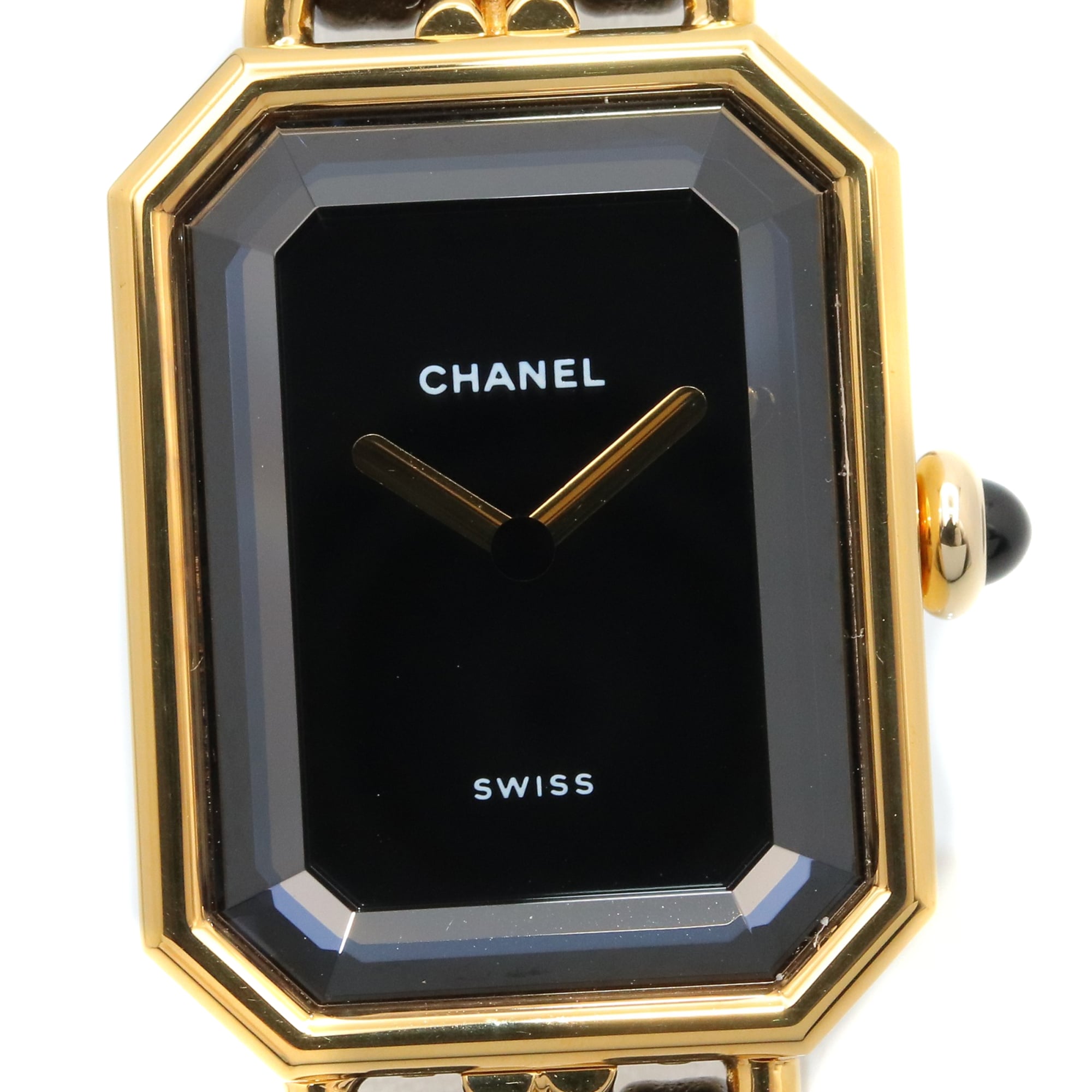 Montre Chanel CHANEL Première M, cuir plaqué or, pour femme, Noir, H0001