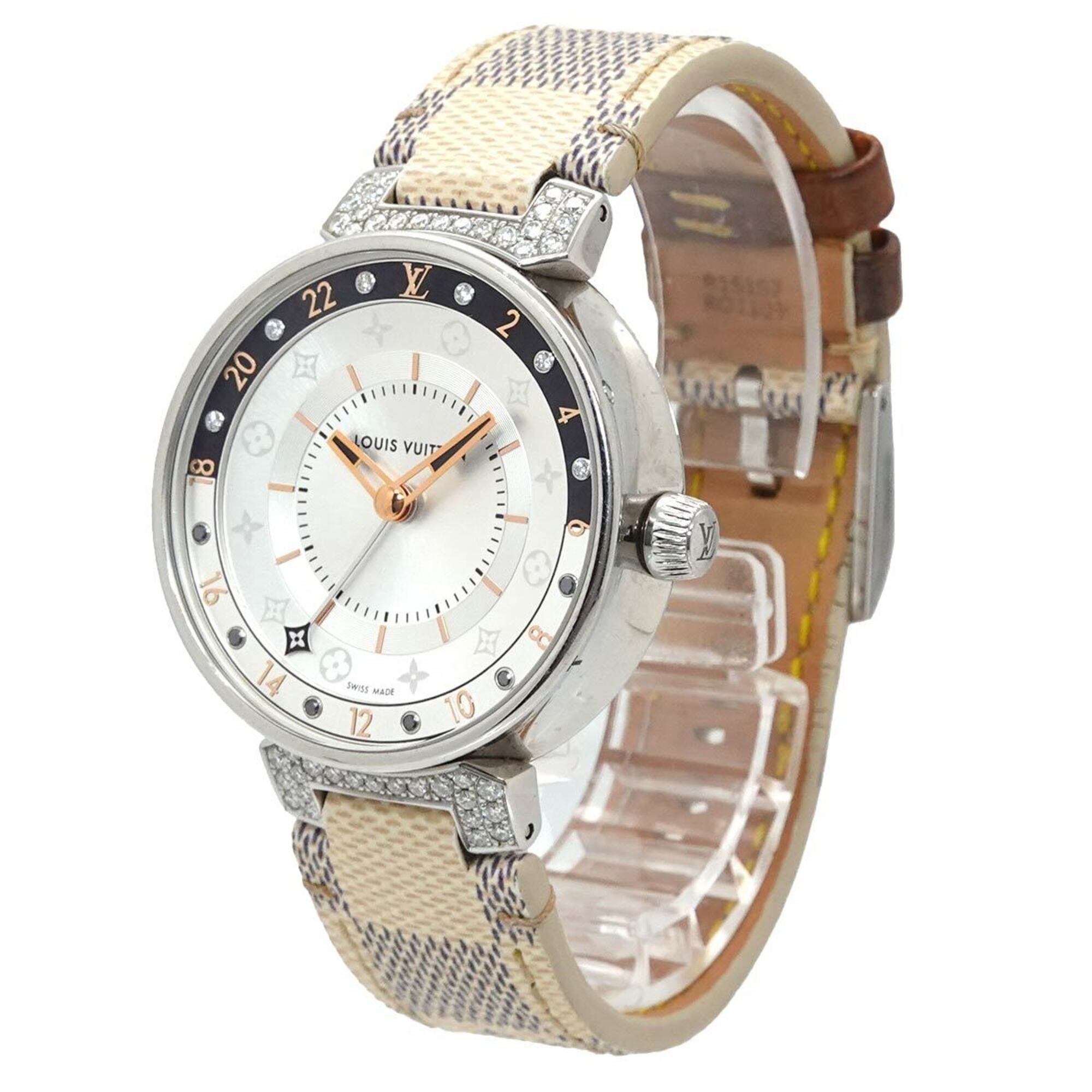 Louis Vuitton Tambour Moon Dual Time MM GMT QA108 Ladies' with 12 Diamond Lugs Black Diamonds Silver Quartz Movement.