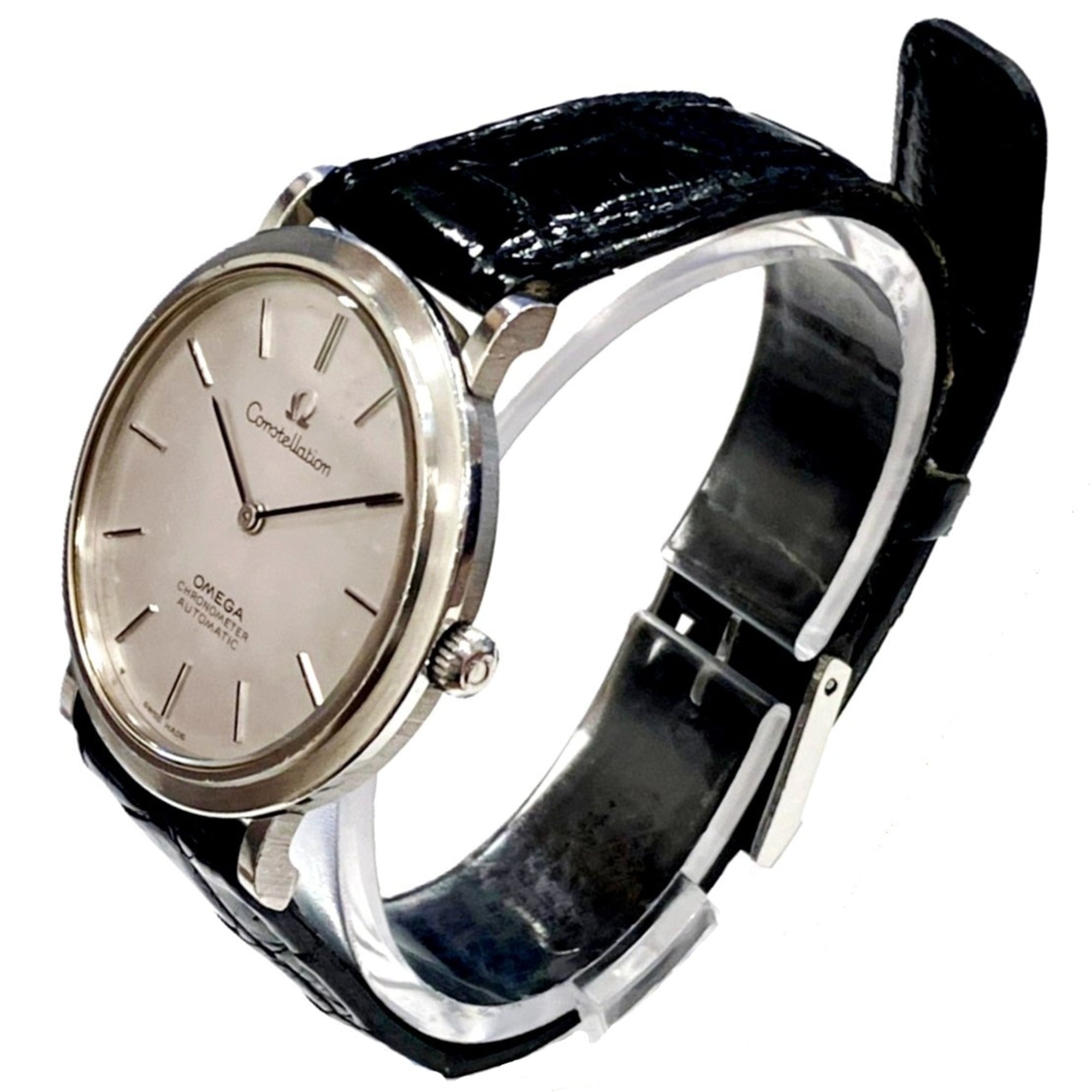 Omega Constellation wristwatch, total weight 36.8g, stainless steel, genuine leather strap, automatic movement, silver dial, 157.0001