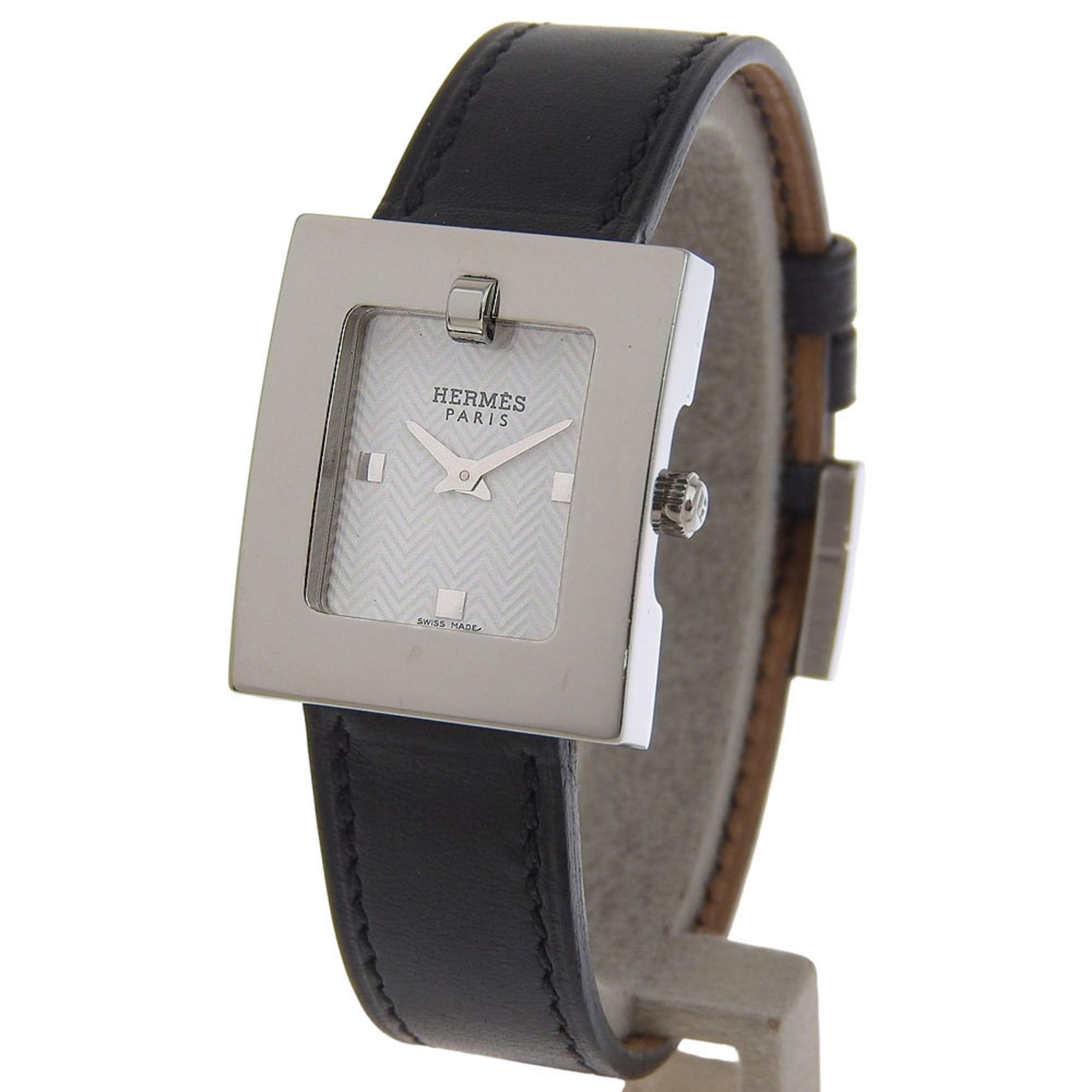 HermÃ¨s BE1.110 Stainless Steel and Leather Watch, 2000, Quartz Movement, Analog Display, White Dial, Women's Belt Watch
